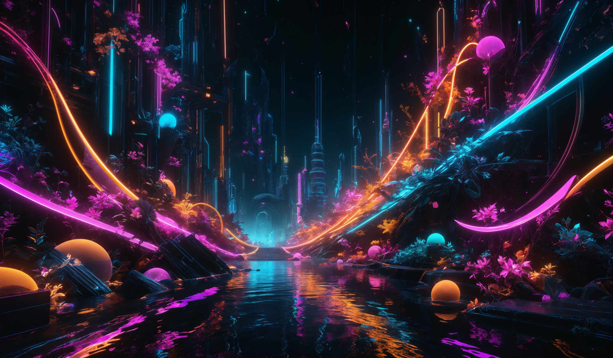 The image showcases a vibrant and futuristic scene. It features neon-colored lights, predominantly in shades of pink, blue, and orange, illuminating a pathway surrounded by water. The pathway is adorned with floating orbs and is bordered by lush, colorful plants. The background reveals a towering cityscape with tall buildings, all bathed in the same neon glow. The entire scene exudes a sense of wonder and advanced technology.