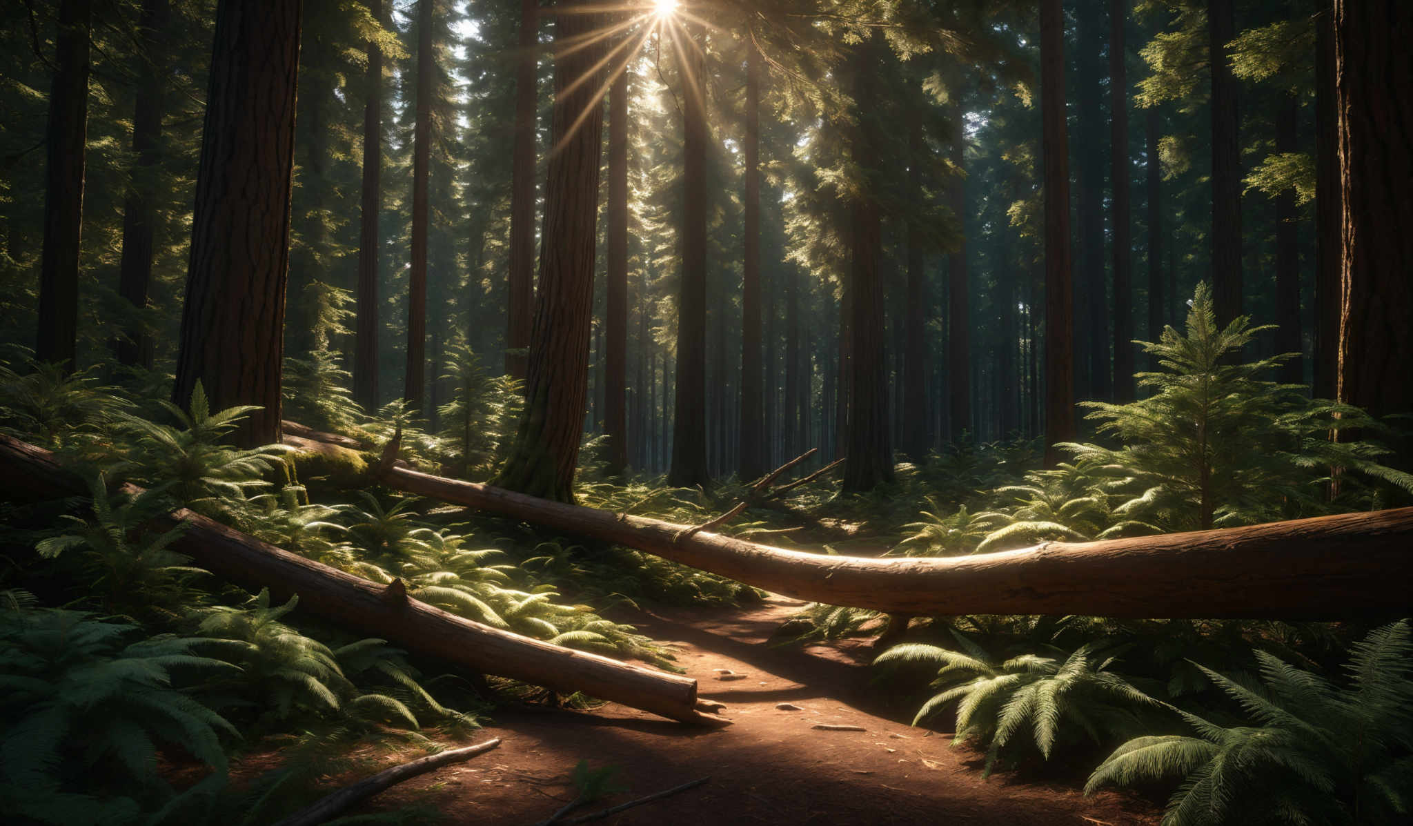 The image showcases a dense forest with tall, straight trees, possibly conifers, reaching upwards. The forest floor is covered with ferns and smaller plants, and there's a dirt path meandering through the scene. The sun's rays pierce through the canopy, casting a warm, golden hue over the scene and creating a play of light and shadow. The overall color palette is dominated by greens from the foliage and browns from the tree trunks and the path.