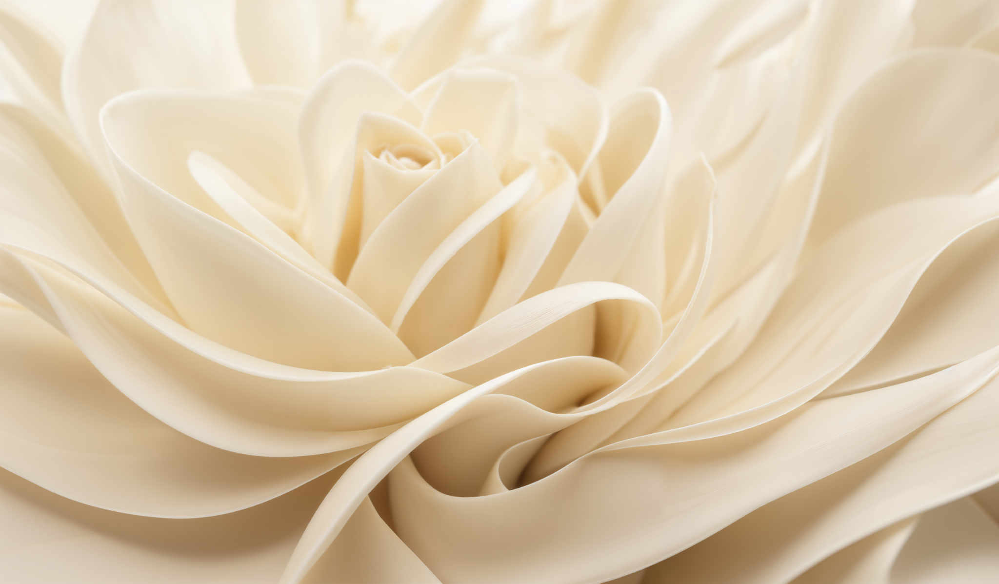 The image showcases a close-up of what appears to be a delicate, intricately designed object resembling a flower. The predominant color is a soft, creamy beige or off-white. The shape is curved and layered, with multiple petal-like structures that radiate outwards, converging towards a central point. The details are meticulous, with each layer showing subtle variations in color and texture, giving it a lifelike appearance.