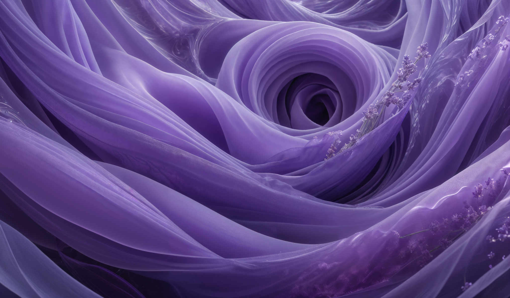 The image showcases a mesmerizing swirl of purple and lavender hues. The dominant shape is a spiral, reminiscent of a rose, with layers of flowing fabric or waves. The spiral is intricately detailed, with subtle variations in color and texture. There are also delicate, small clusters of what appear to be flowers or buds interspersed throughout the spiral.