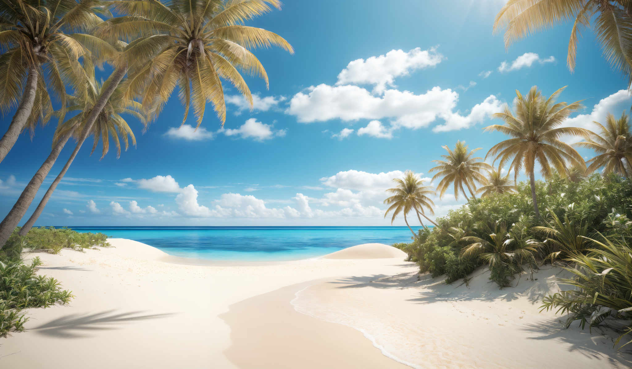 The image showcases a pristine beach scene. The dominant colors are the soft blue of the sky and the ocean, the golden hue of the sandy beach, and the green of the palm trees and vegetation. The sky is dotted with fluffy white clouds, and there's a gentle sunlight casting shadows on the beach. The beach has a winding pathway leading to the ocean. On either side of this pathway, there are tall palm trunks and lush green vegetation, providing a tropical feel to the scene.