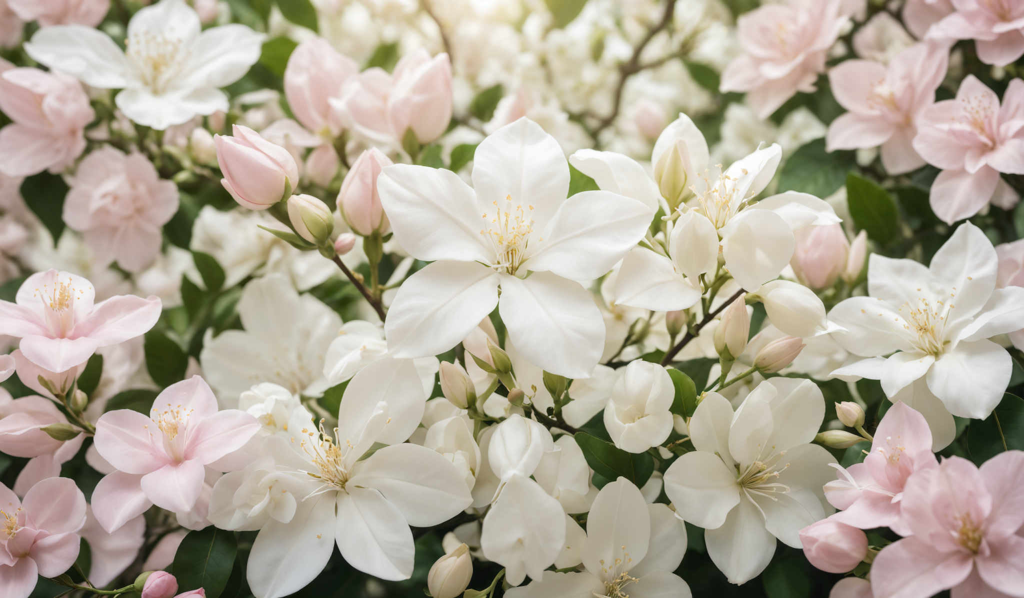 The image showcases a vibrant and beautiful bouquet of flowers. The predominant colors are white and pink. The white flowers have a delicate petal structure, with a central stamen that is yellow and appears to be in full bloom. The pink flowers are slightly smaller and have a budding appearance, with hints of yellow at their centers. The background is filled with green leaves, providing a contrast to the flowers and making them stand out.