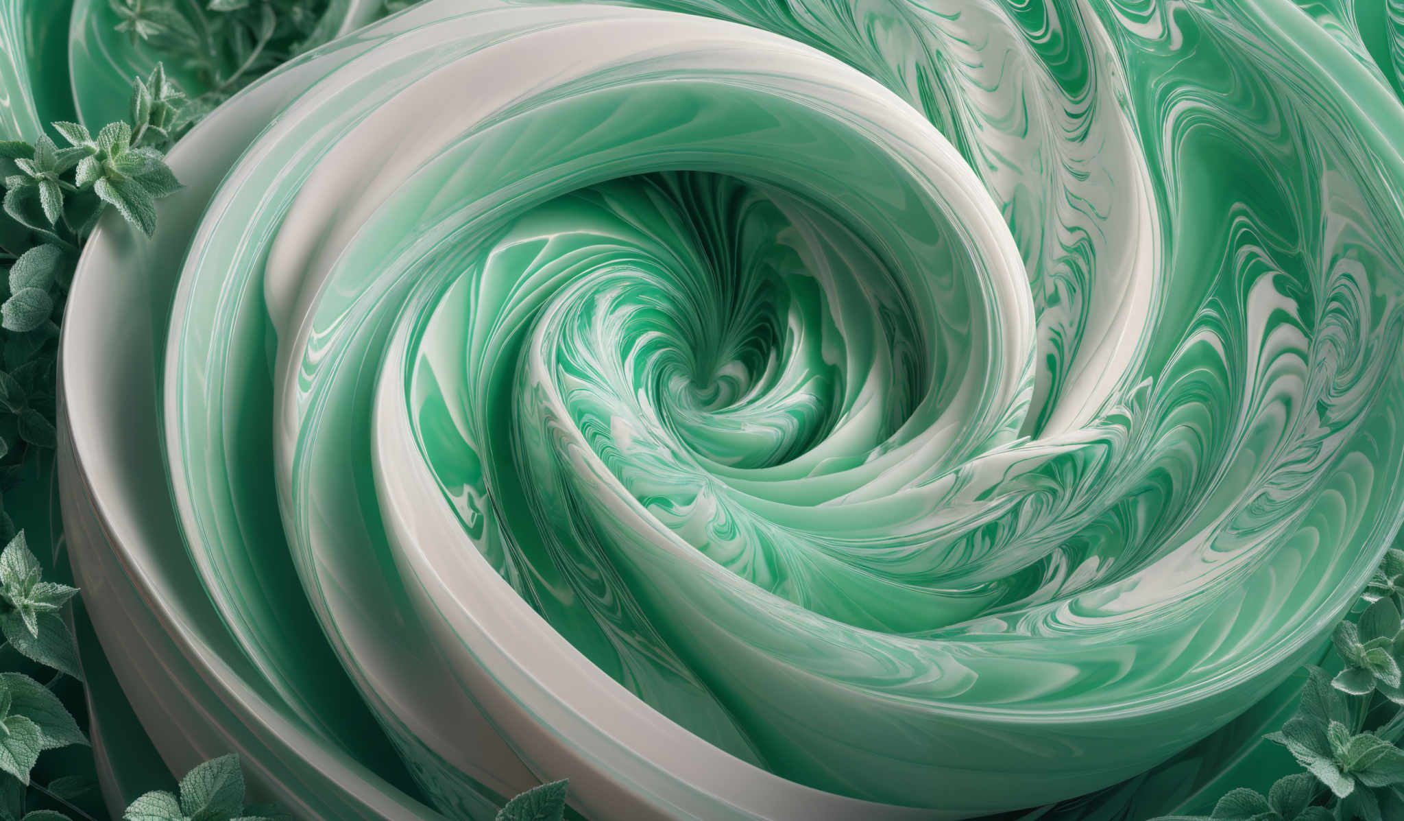 The image showcases a mesmerizing swirl of green and white colors. The swirl is intricately designed, resembling a spiral or vortex, with patterns that seem to be fluidly flowing. Surrounding the swirl are green leaves, which add a touch of nature to the composition. The leaves are detailed, showing various shades of green, and some have small buds or flowers.