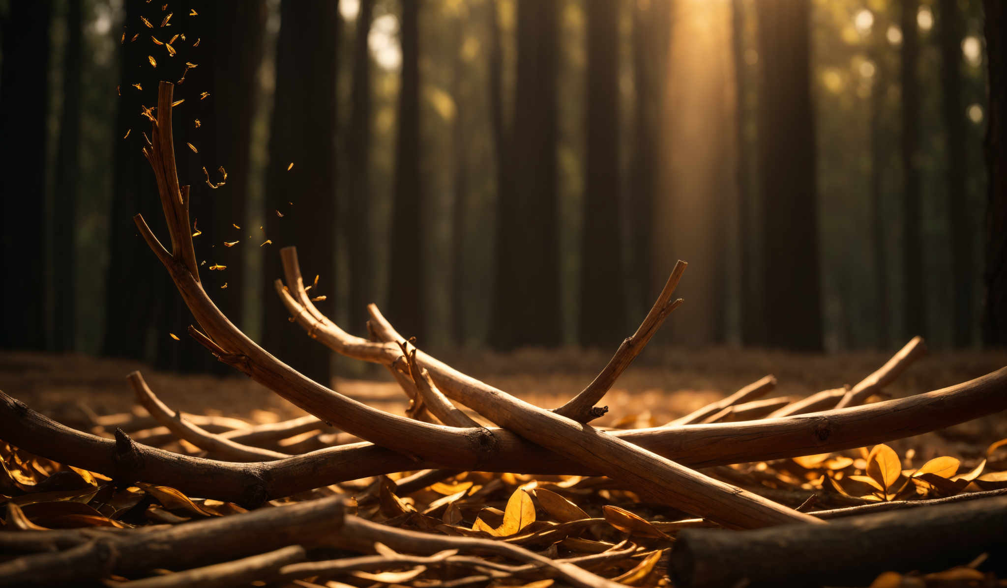 The image showcases a serene forest scene during what appears to be the golden hour. The dominant colors are warm hues of brown, gold, and green. The foreground features a fallen branch with a few leaves still attached, which is surrounded by a carpet of fallen leaves. The branch has a unique shape, with multiple twisted and curved branches extending outwards. The background reveals tall trees with their trunks faintly visible, and the sunlight filtering through the trees creates a beautiful play of light and shadow, casting a golden glow over the entire scene.