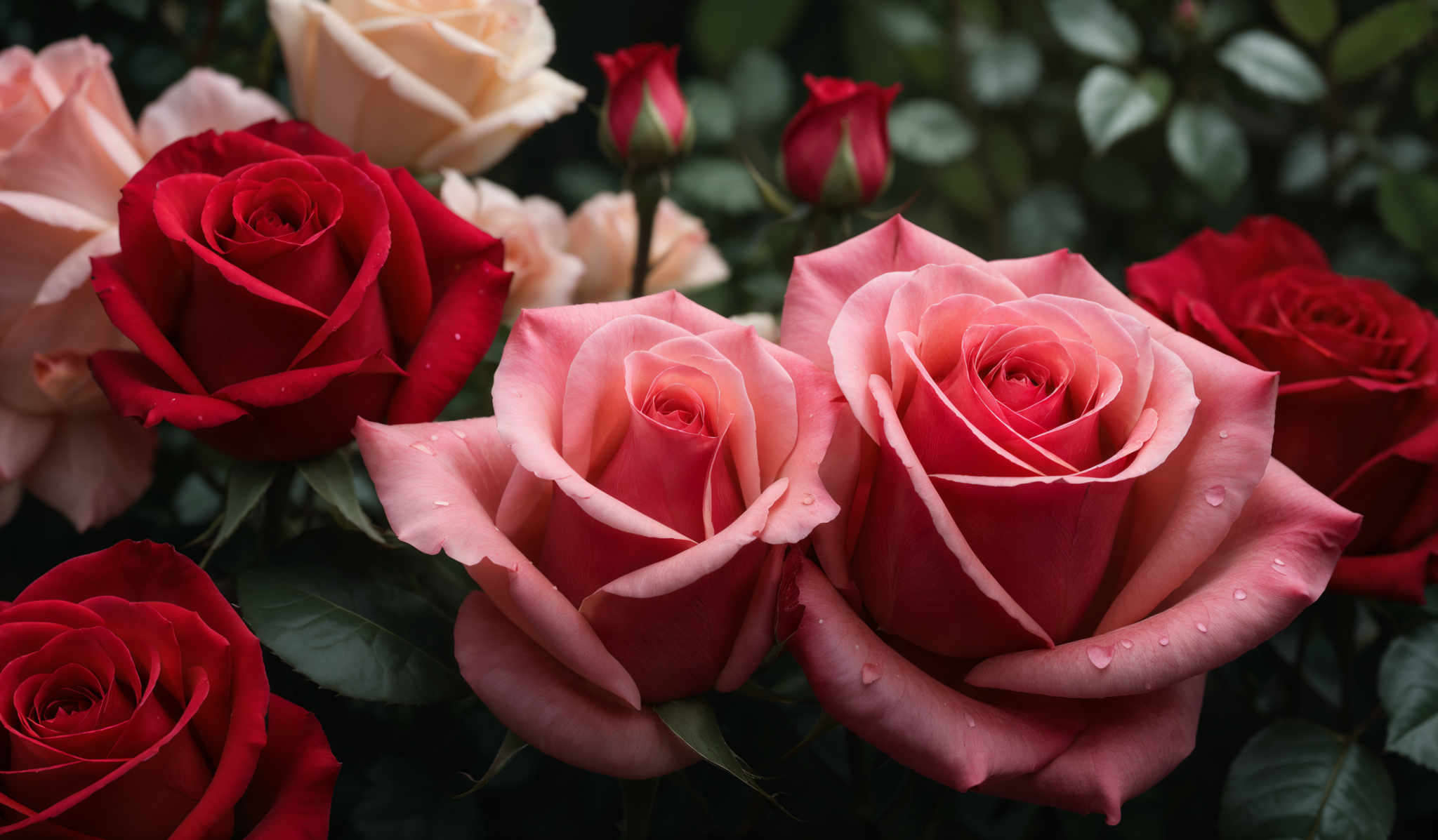 The image showcases a beautiful array of roses in various shades of pink and red. The roses have a classic, layered petal structure, with the petals folding over in a way that reveals the inner core. The pink roses are a soft, muted shade, while the red roses display a vibrant, rich hue. There are also hints of white roses interspersed among the pink ones. The background is filled with green leaves, providing a contrast to the roses and emphasizing their beauty.