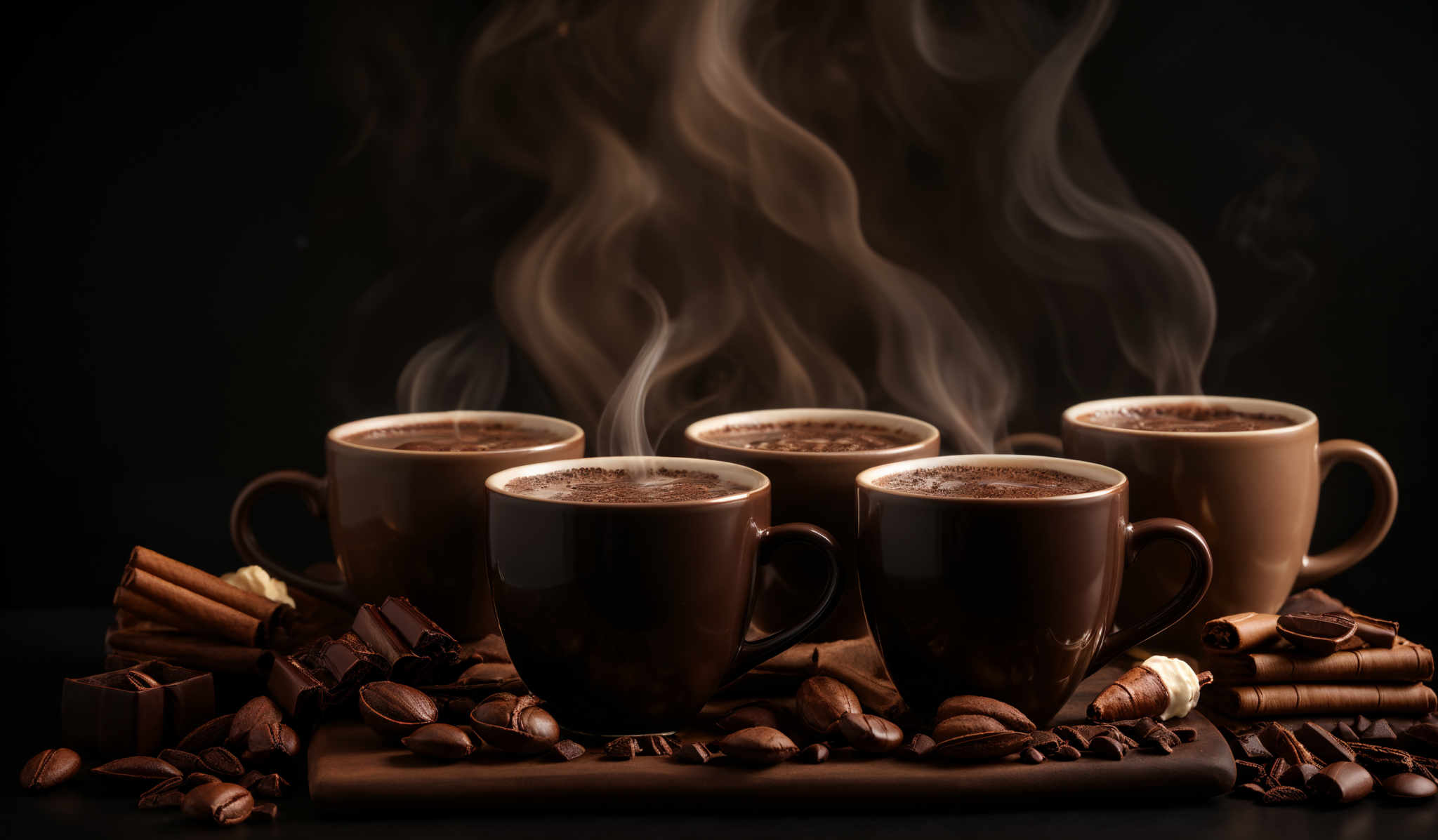 The image showcases a dark, moody setting with multiple brown mugs filled with steamy beverages. The beverances appear to be hot chocolate or coffee, given the steam rising from them. The mugs are placed on a wooden board surrounded by various ingredients commonly associated with hot beverags: cinnamon sticks, chocolates, coffee beans, and chunks of dark chocoloy. The steam rising gives a sense of warmth and freshness, and the dark background accentuates the rich colors of the beveragess and the ingredient.