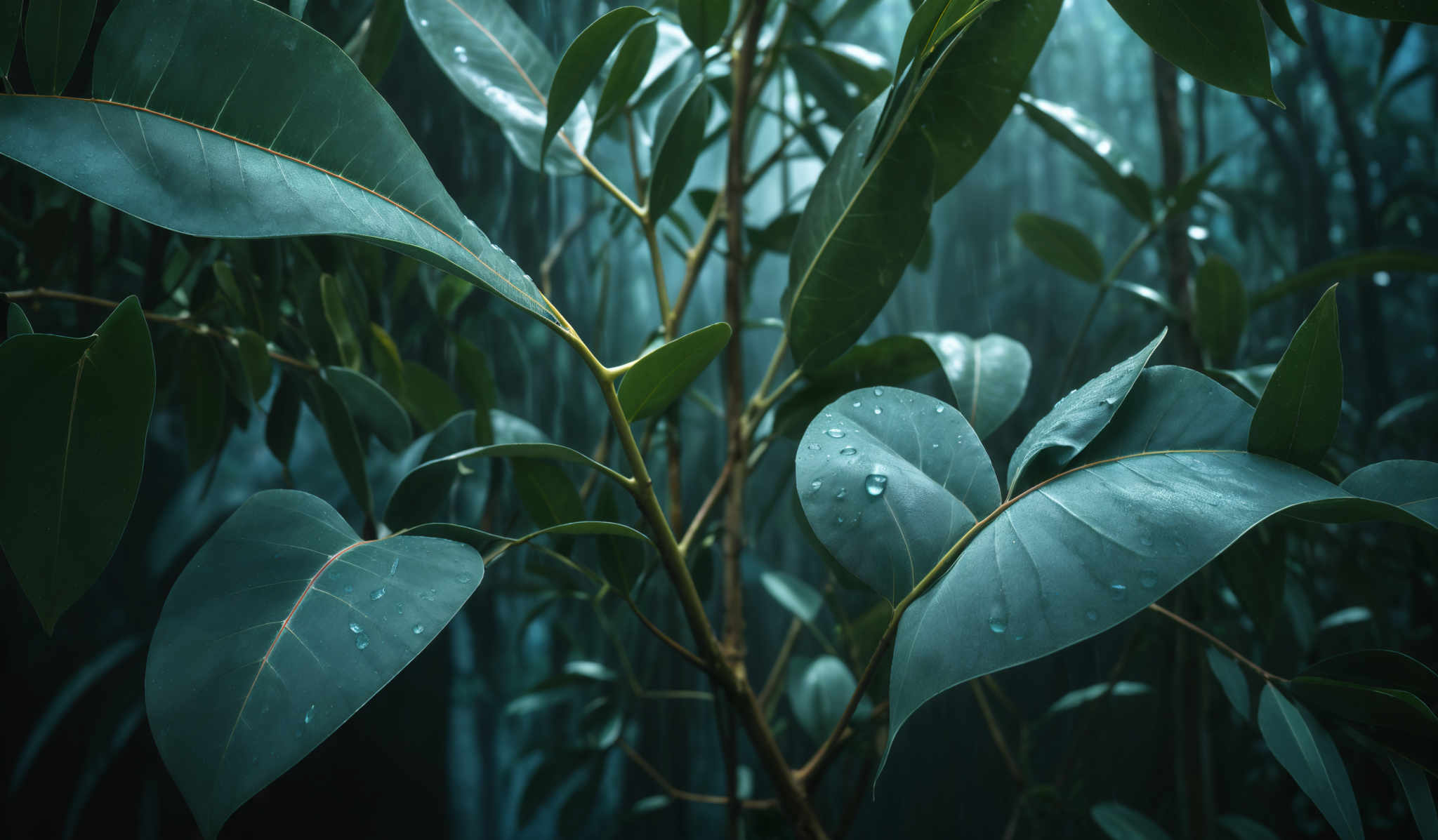 The image showcases large, broad leaves with a serene green hue. The leaves have a slightly glossy appearance, possibly due to water droplets. The background is slightly blurred, emphasizing the leaves in the foreground. The overall ambiance of the image is calm and tranquil, reminiscent of a misty morning in a forest.