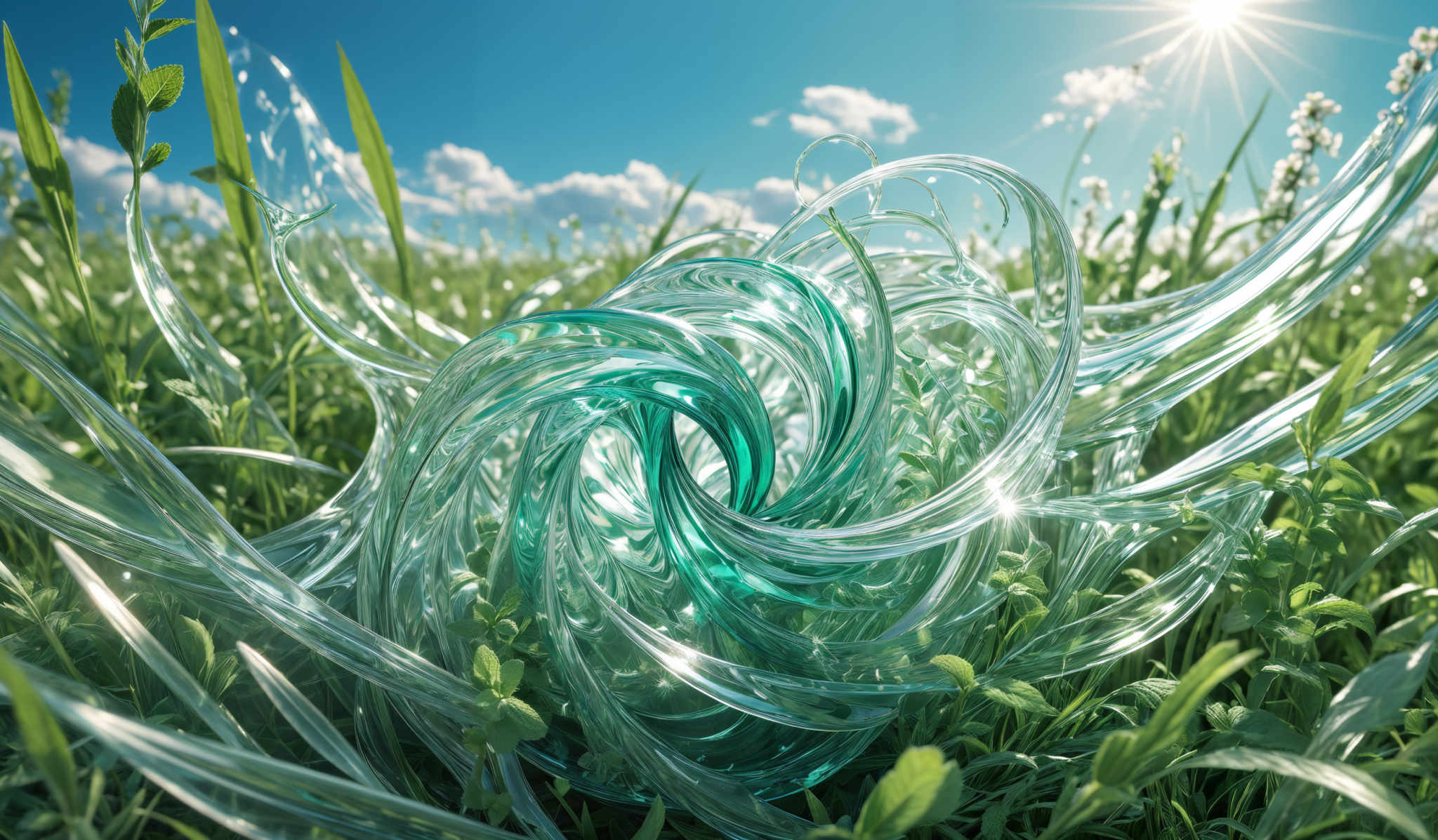 The image showcases a vibrant and intricate design of glass or transparent structures intertwined with green plants. The structures are serpentine and twist and turn, creating a swirling pattern. They are translucent, allowing the greenery and sky to be seen through them. The sky is clear with a few scattered clouds, and the sun is shining brightly, casting a glow on the scene.