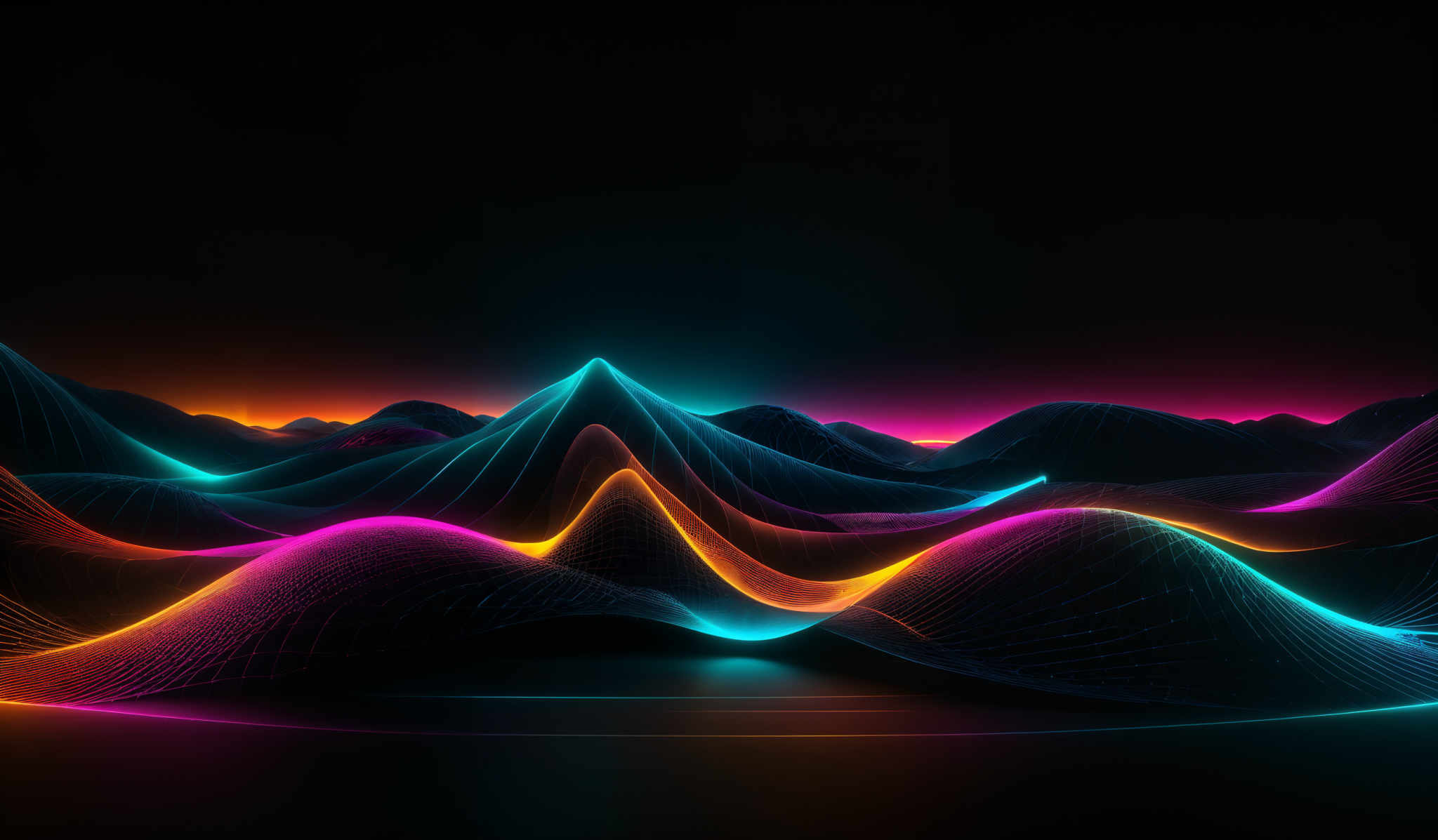 The image showcases a vibrant digital landscape with neon-colored waves and mountains. The colors range from deep blues and purples to bright oranges and pinks. The shapes are fluid and wavy, resembling mountains or hills, with intricate patterns and lines that give them a 3D appearance. The overall ambiance is futuristic and mesmerizing, with the colors illuminating the dark background.