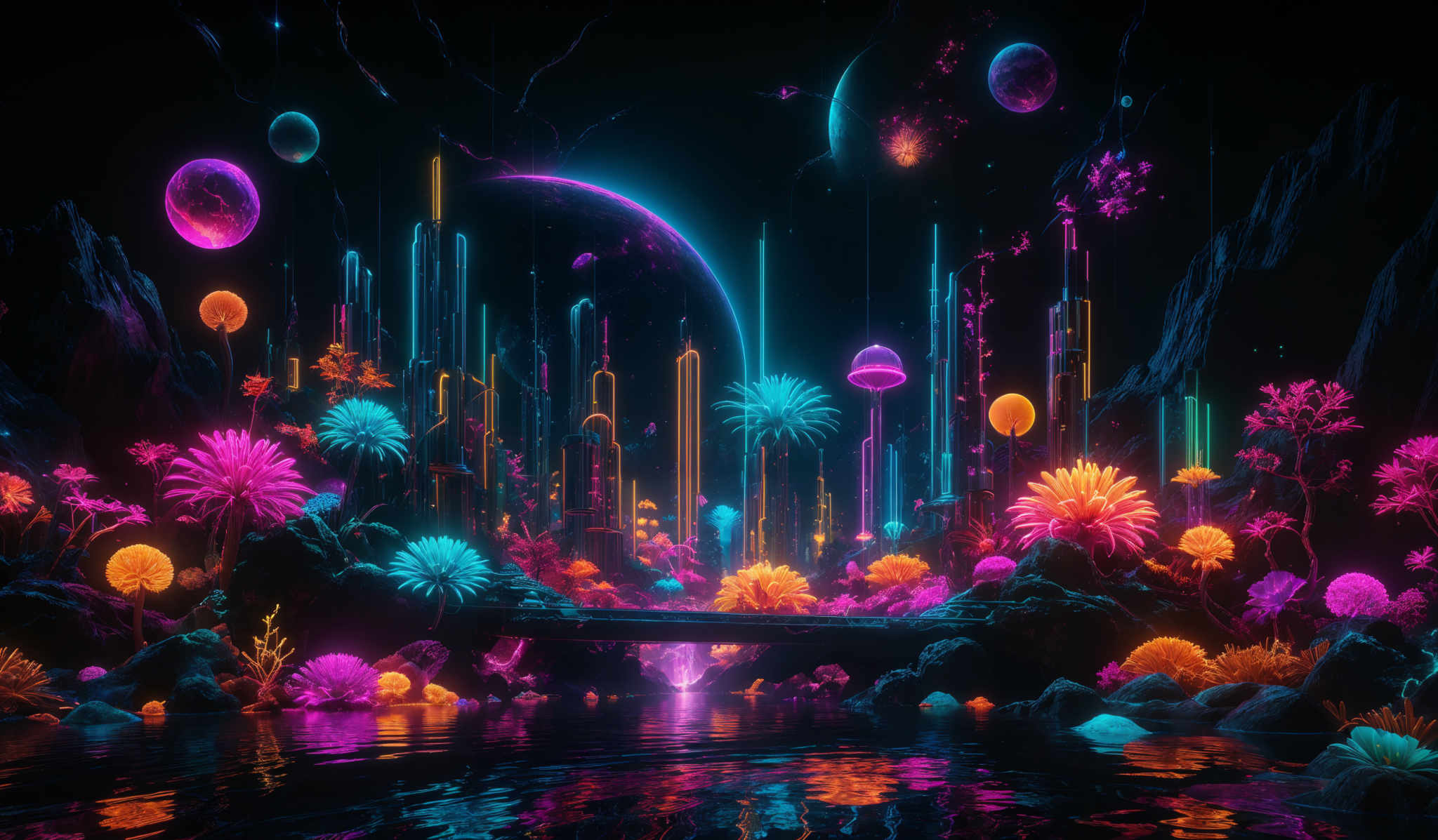 The image showcases a vibrant and futuristic landscape. The dominant colors are neon shades of pink, blue, and orange. The landscape features tall, glowing vertical structures that resemble skyscrapers, interspersed with various shaped lights, including spheres and elongated beams. There are also floating islands with lush vegetation, including trees and flowers, illuminated by the same neon lights. The sky is dominated by a large, glistening planet or moon, and there are multiple smaller celestial bodies scattered around. The entire scene is reflected in a serene body of water at the bottom, creating a mirrored effect.