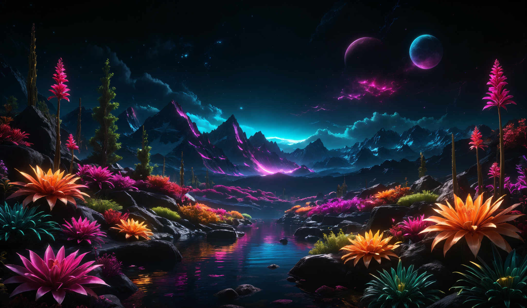 The image showcases a vibrant and surreal landscape. The sky is dark with a deep blue hue, dotted with stars and two prominent celestial bodies, possibly moons. The terrain is dominated by rugged mountains with sharp peaks, illuminated by a radiant light source from the horizon. The foreground is adorned with a variety of colorful flowers, including large orange and pink blooms, as well as smaller green and purple plants. A serene body of water reflects the surrounding scenery, and there are tall, slender rock formations scattered throughout. The overall ambiance is mystical and otherworldly.