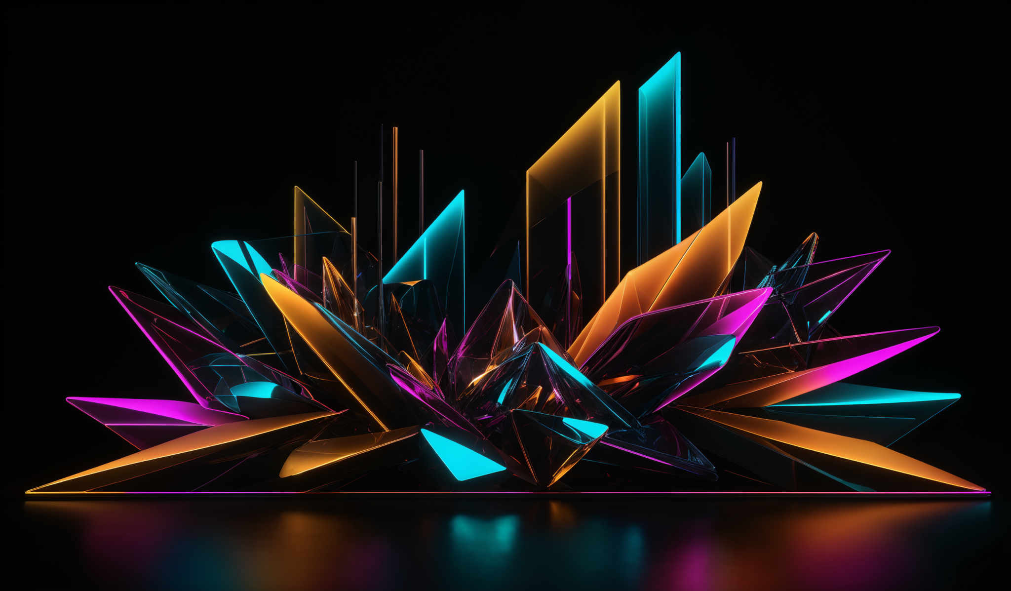 The image showcases a vibrant and dynamic 3D geometric formation. The predominant colors are neon shades of blue, pink, and orange. The shapes are sharp, crystalline, and resemble shards or fragments of glass or crystal. They are arranged in a way that gives an impression of a burst or explosion, with each shape having its own unique angle and orientation. The background is dark, which accentuates the luminosity of the colors and makes the shapes pop out.