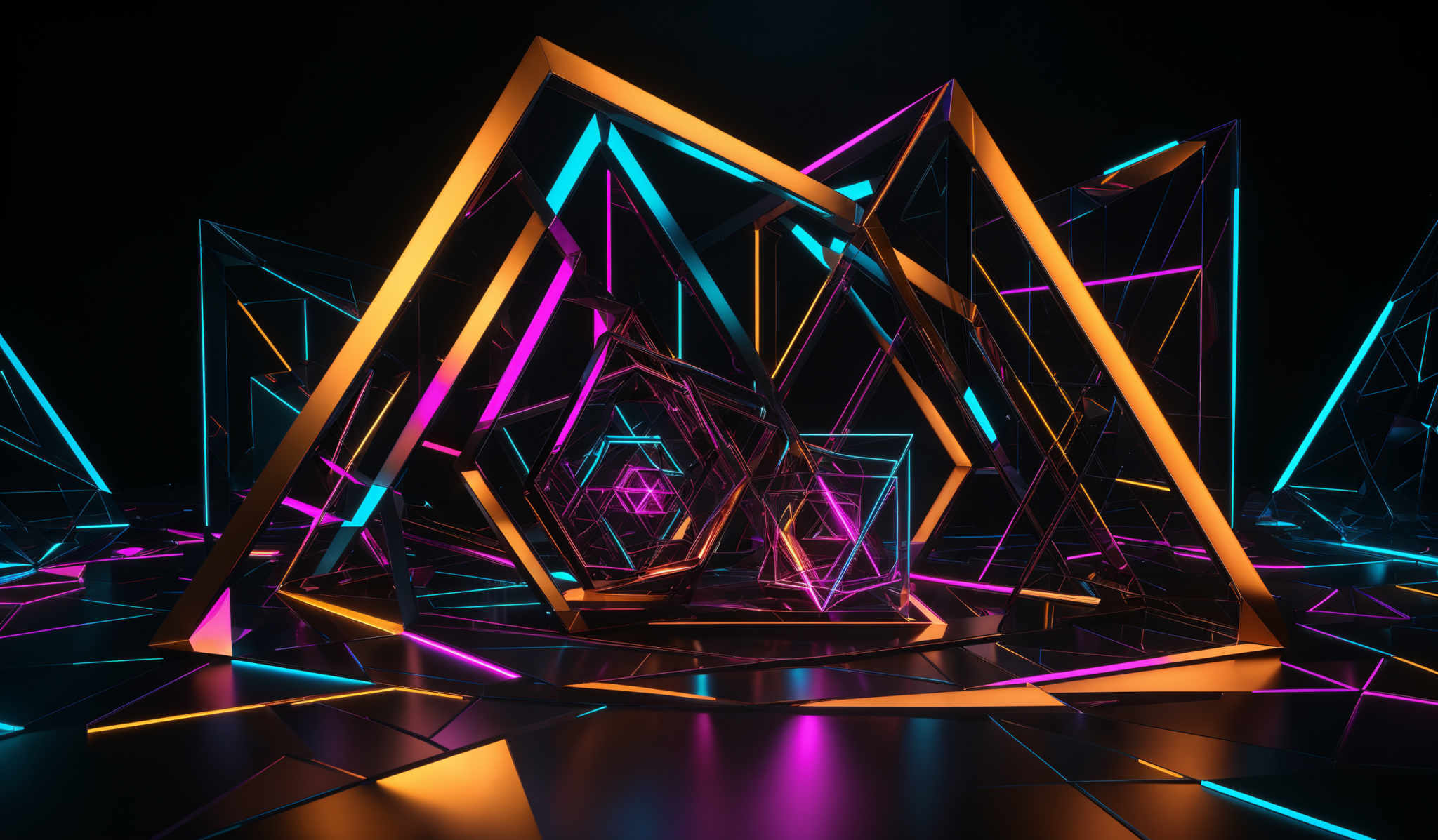 The image showcases a vibrant and dynamic 3D geometric structure. The primary colors are neon shades of blue, pink, and orange. The shapes are predominantly triangular and polyhedral, interconnected in a complex web. The structure appears to be floating on a reflective surface, with its neon outlines glowing against a dark background.