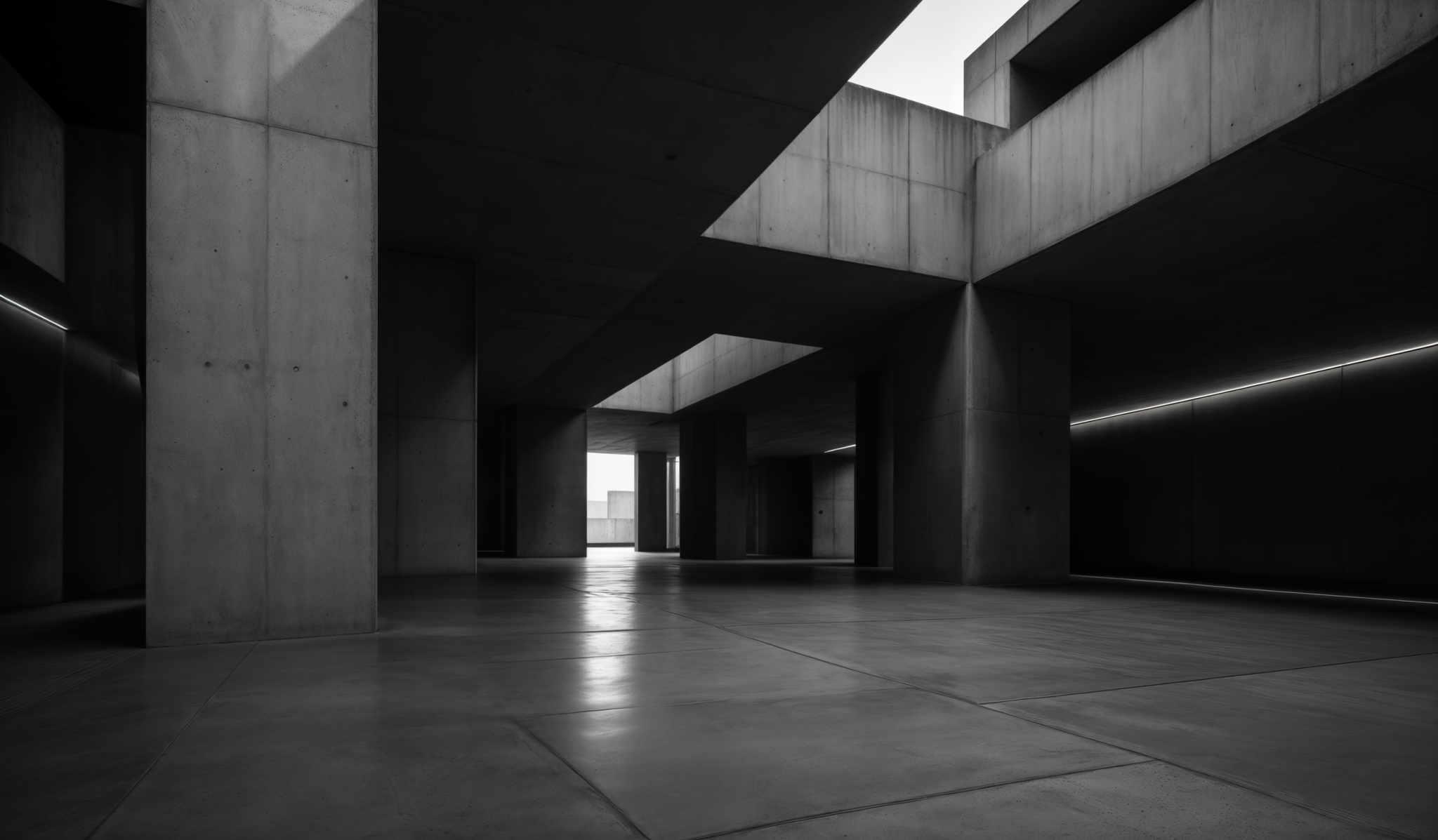 The image showcases a monochromatic, grayscale setting. The predominant colors are various shades of gray, ranging from light to dark. The architectural design features large, imposing concrete columns and walls. The space is characterized by geometric shapes, with multiple intersections of these columns and openings that allow light to seep in. The floor appears smooth, reflecting the light, and there's a subtle play of shadows and light throughout the space, adding depth and dimension.