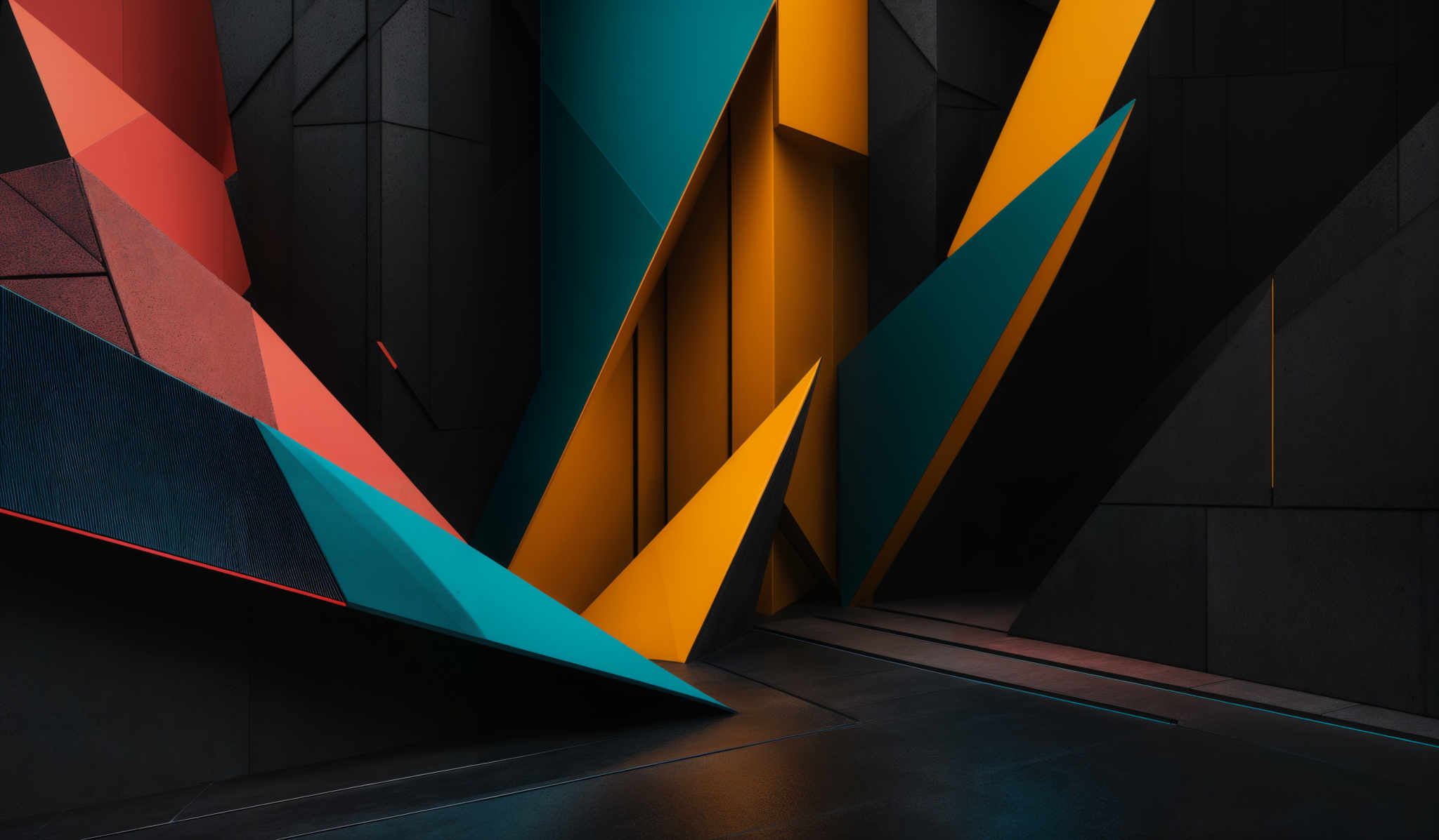 The image showcases an abstract architectural design with sharp geometric shapes. The dominant colors are black, teal, yellow, and a hint of pink. The design consists of angular and triangular structures, with some parts appearing as if they are protruding from the wall. The teal and yellow shades are juxtaposed against the darker black background, creating a visually striking contrast.