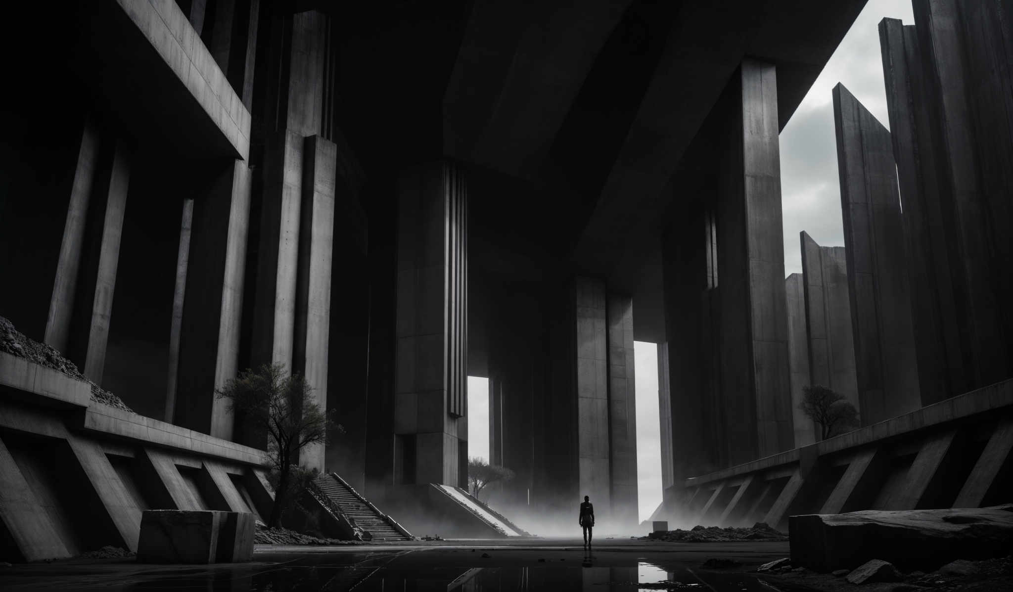 The image predominantly features monochromatic shades of gray, black, and white. The architecture is characterized by tall, slender columns and walls, creating an imposing and grand structure. The columns are cylindrical and have a matte finish, contrasting with the smoother surfaces of the walls. The ground is wet, reflecting the columns and the solitary figure standing in the distance. There are a few trees scattered around, adding a touch of nature to the otherwise urban setting. The atmosphere is moody, with a sense of solitude and contemplation.