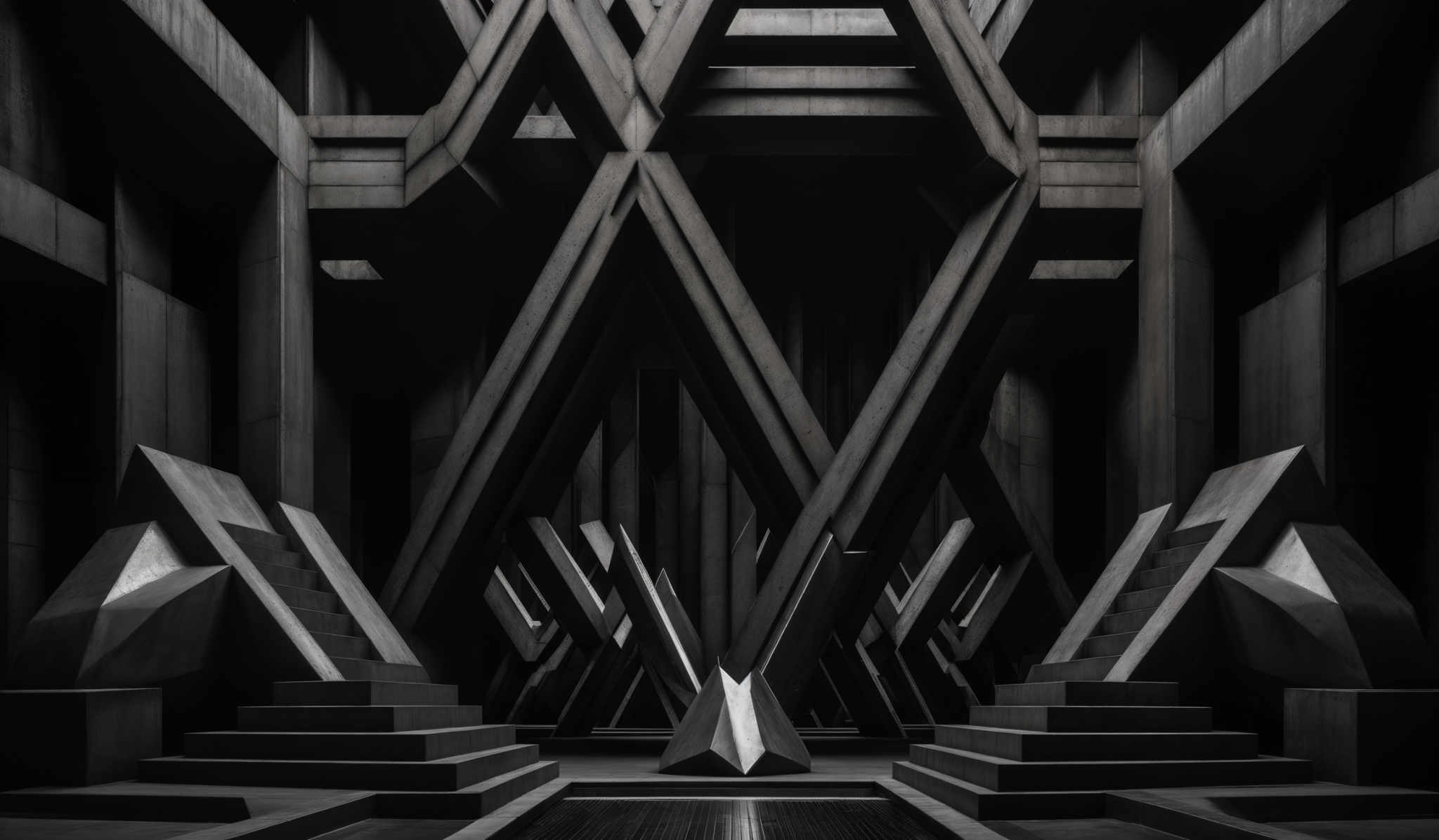 The image showcases a monochromatic, possibly black and white, architectural setting. The predominant shapes are geometric, with intricate interlocking structures resembling a complex maze or labyrinth. The architecture appears to be made of concrete or stone, with sharp angles and sharp edges. The play of light and shadow creates a dramatic effect, emphasizing the depth and complexity of the design.