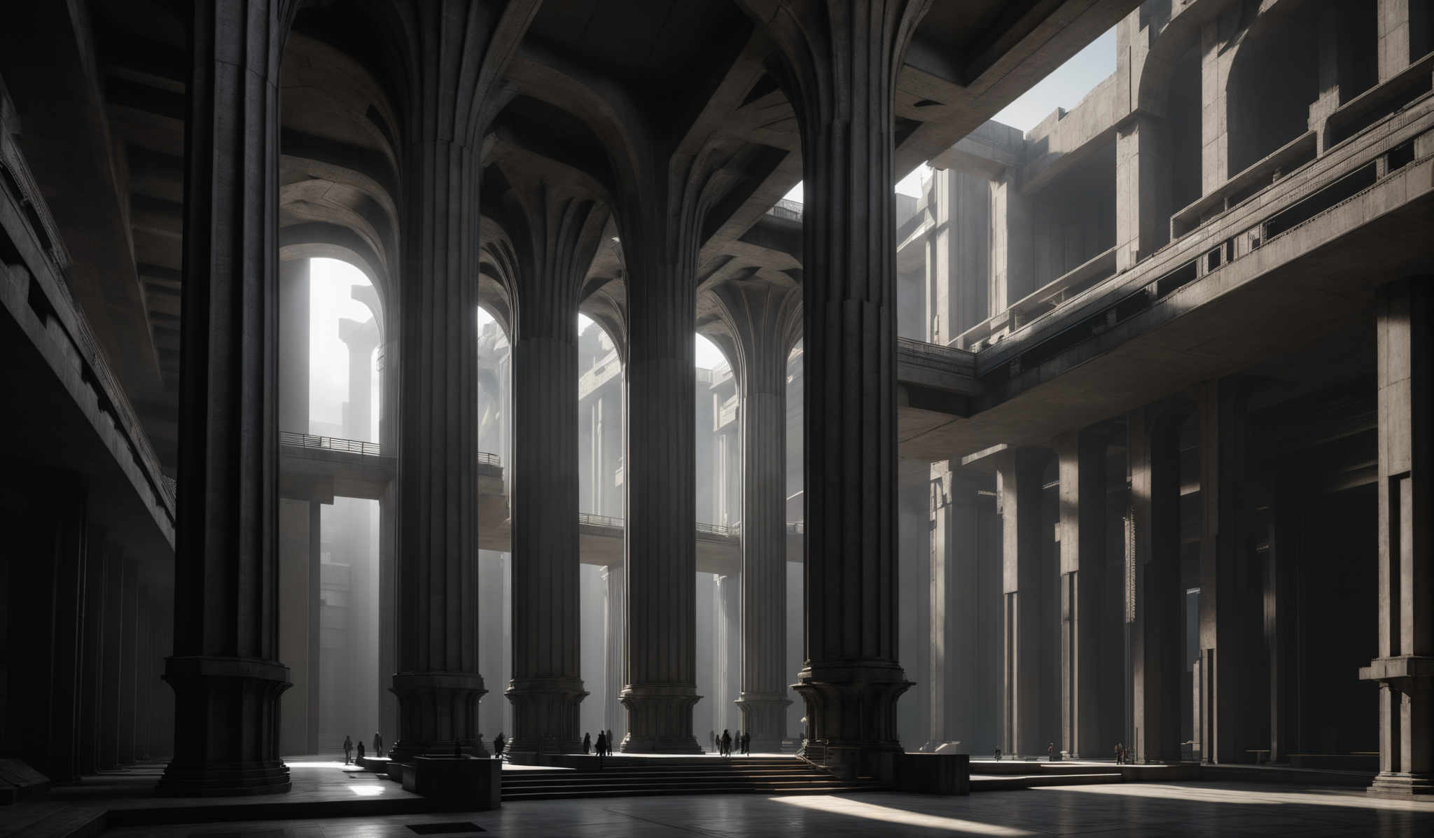 The image showcases a grand architectural structure with tall, slender columns. The predominant color is a muted gray, giving the space a somber and majestic feel. The columns are cylindrical with a slight taper at the top, and they support a series of arched ceilings and platforms. The lighting casts long shadows, emphasizing the height and grandeur of the space. There are a few small human figures scattered throughout, providing a sense of scale to the massive architecture.