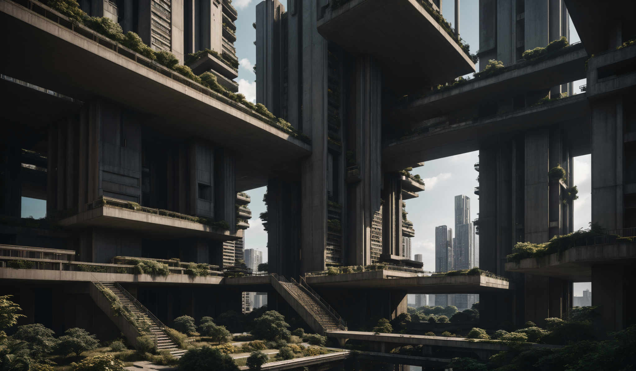 The image showcases a futuristic architectural design with tall, vertical structures. The predominant color is a muted gray, characteristic of concrete or stone. The buildings have multiple platforms and terraces adorned with greenery, suggesting a blend of urban and natural elements. The design is intricate, with overlapping structures and staircases leading to various levels. The skyline in the background is dotted with more modern skyscrapers, indicating a bustling cityscape.