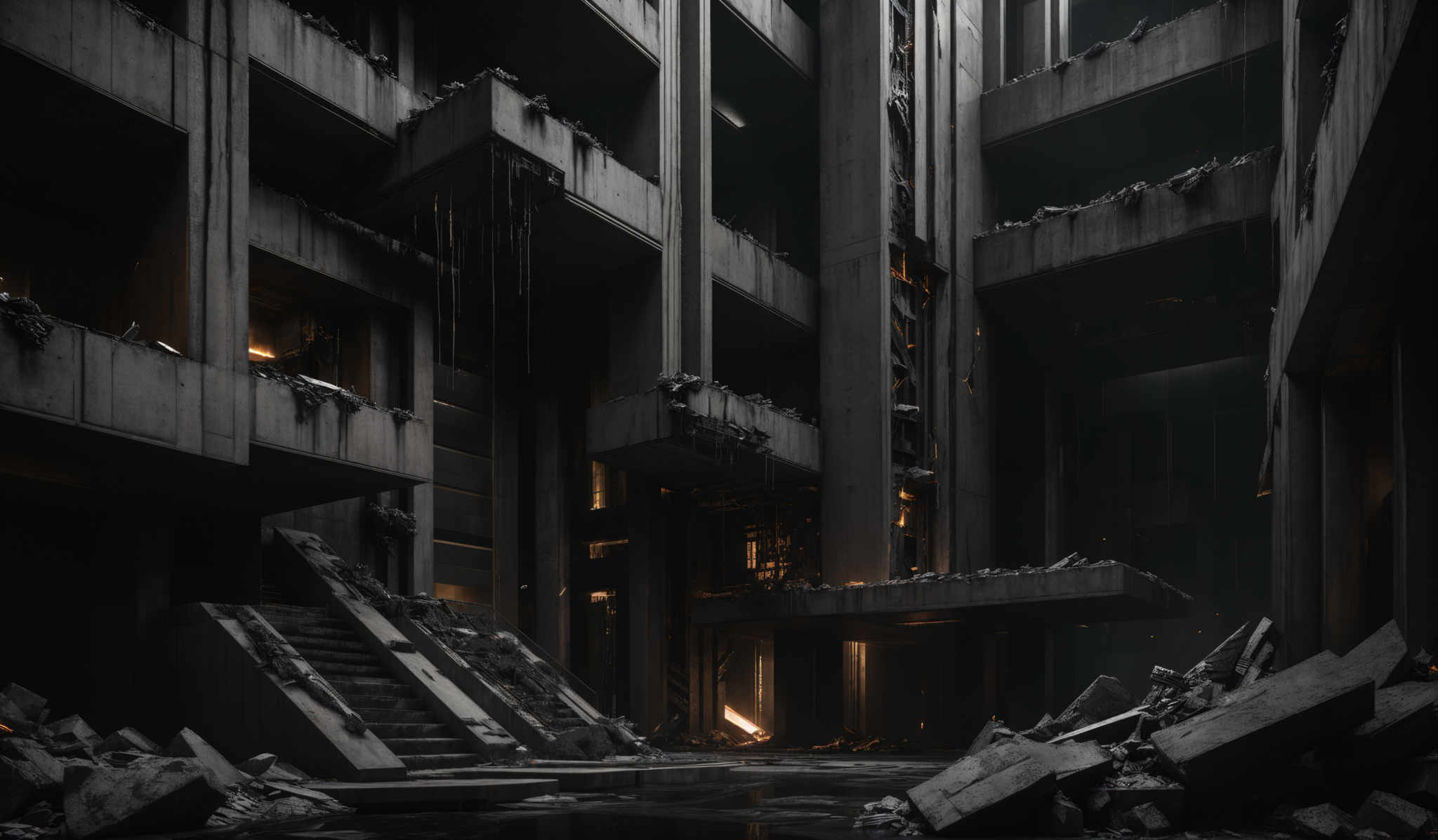 The image showcases a dark, moody atmosphere with predominantly gray and black tones. The architecture is characterized by tall, vertical structures, possibly pillars or walls, with multiple levels and balconies. There are broken pieces of concrete scattered on the ground, and some areas appear to be damaged or collapsed. The lighting is dim, with some areas illuminated by a soft glow, possibly from a light source outside the frame. The overall impression is of a dilapidated or abandoned urban setting.