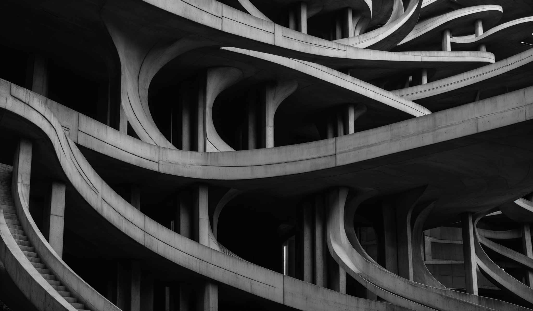 The image showcases a monochromatic, black and white architectural structure. The predominant shapes are curvilinear and sinuous, resembling flowing ribbons or waves. The structure consists of intertwined concrete or stone arches and platforms, creating a complex web of overlapping layers. The intricate design emphasizes the interplay of light and shadow, highlighting the texture and contours of the material.