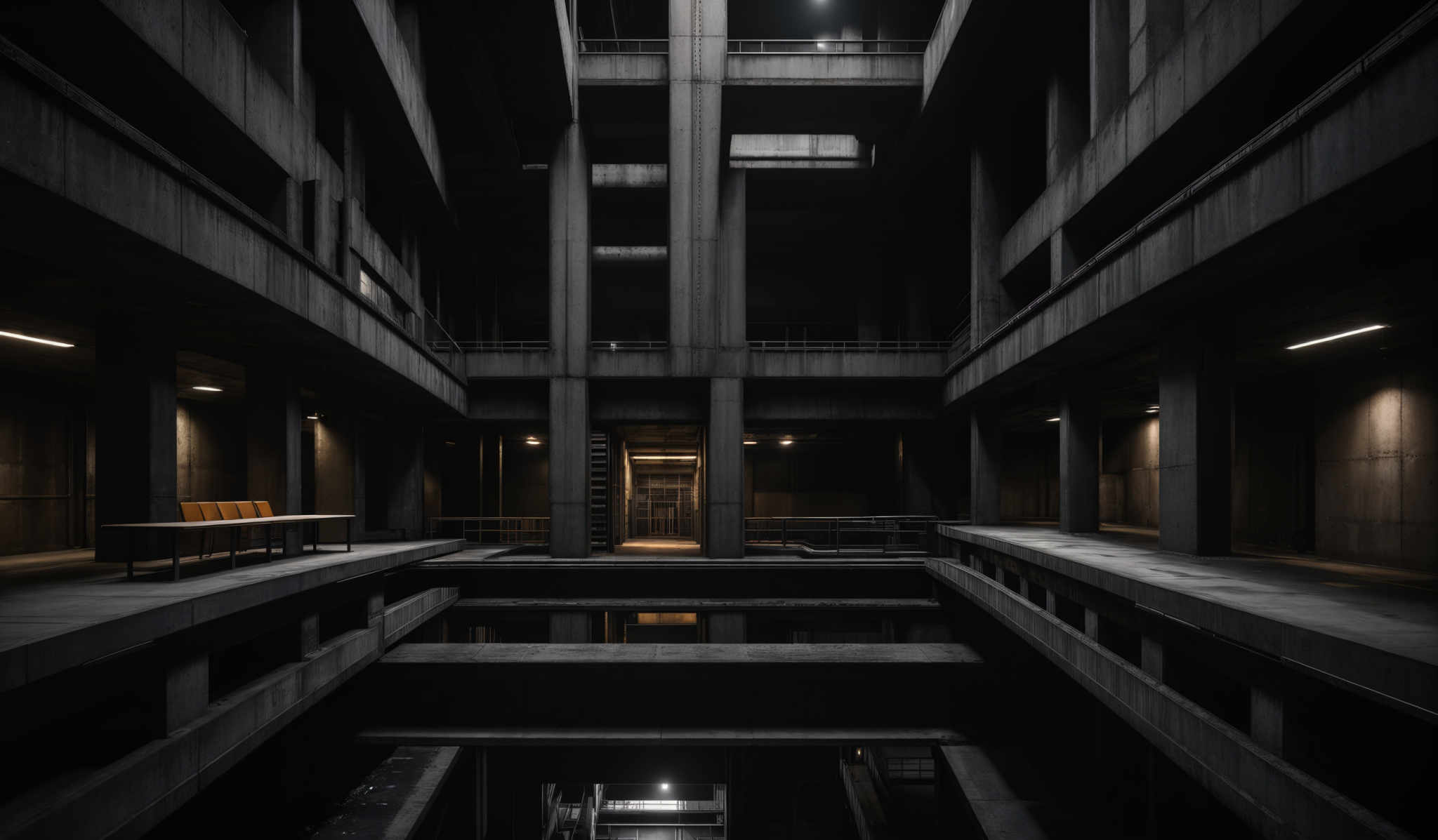 The image showcases a dark, industrial-style architectural space. The predominant colors are shades of gray, black, and brown. The space features tall, rectangular concrete structures with multiple levels, including balconies and walkways. There are linear lights illuminating certain sections, casting shadows and highlighting the textures of the concrete. On one of the balcony levels, there's a solitary chair, adding a touch of human presence to the otherwise stark environment.