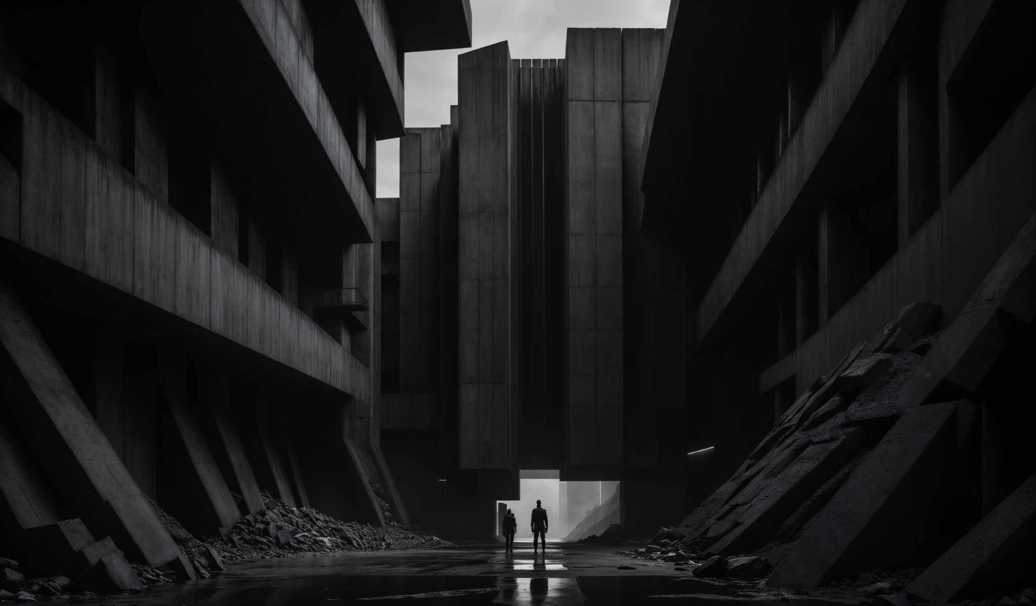 The image is predominantly in shades of gray, giving it a monochromatic appearance. The architecture features tall, rectangular structures with sharp angles, creating a sense of geometric precision. The ground is littered with broken bricks and debris, suggesting recent destruction or decay. In the distance, two silhouetted figures can be seen, adding a human element to the otherwise stark environment.