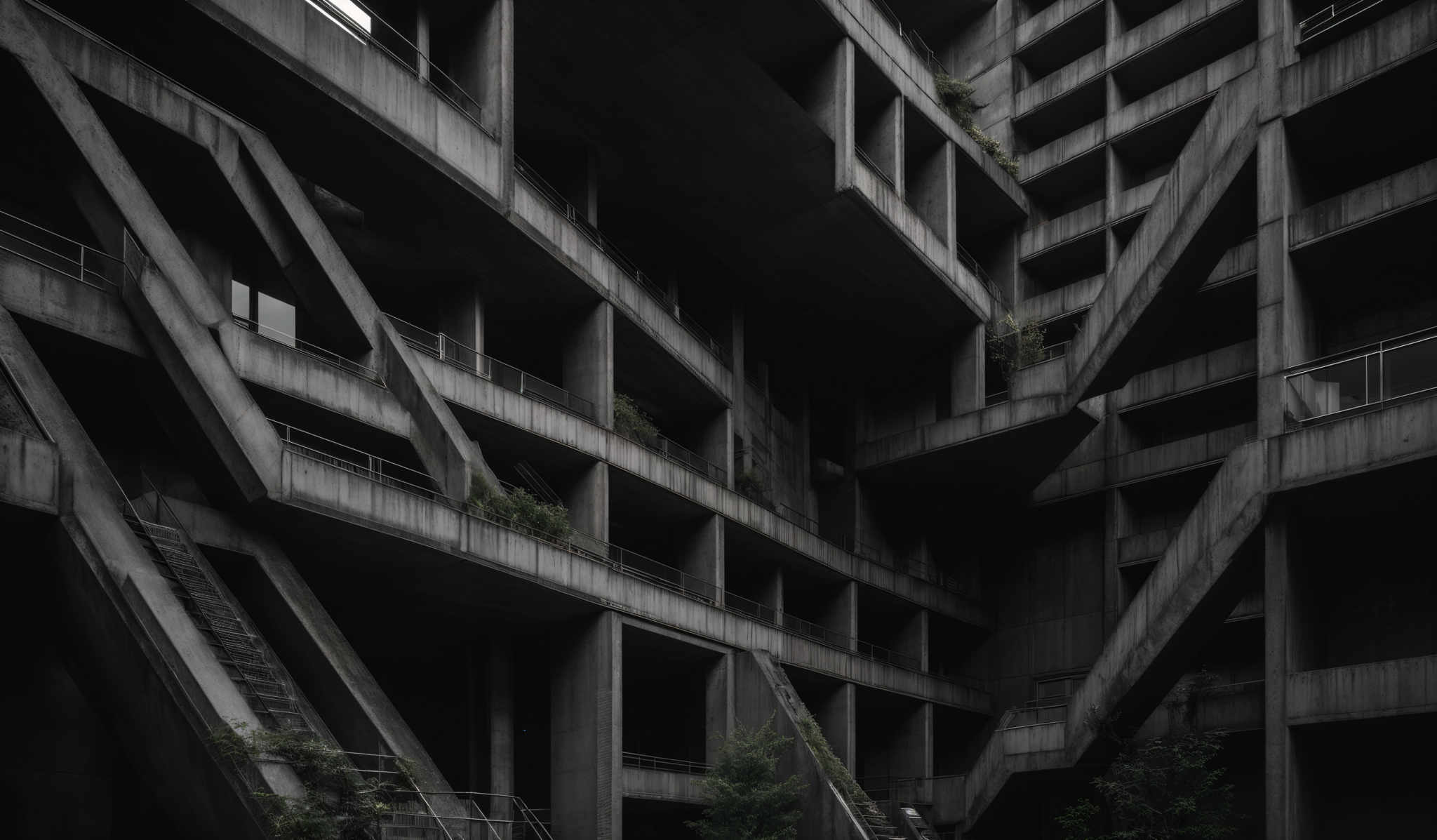 The image showcases a dark, moody architectural structure. It features multiple levels of interconnected balconies and walkways, all made of concrete. The color palette is predominantly gray, with hints of green from the plants growing in some of the crevices. The design is intricate, with overlapping staircases, ramps, and balcony edges creating a complex network of spaces. The overall impression is one of a modern, possibly Brutalist, architectural marvel.