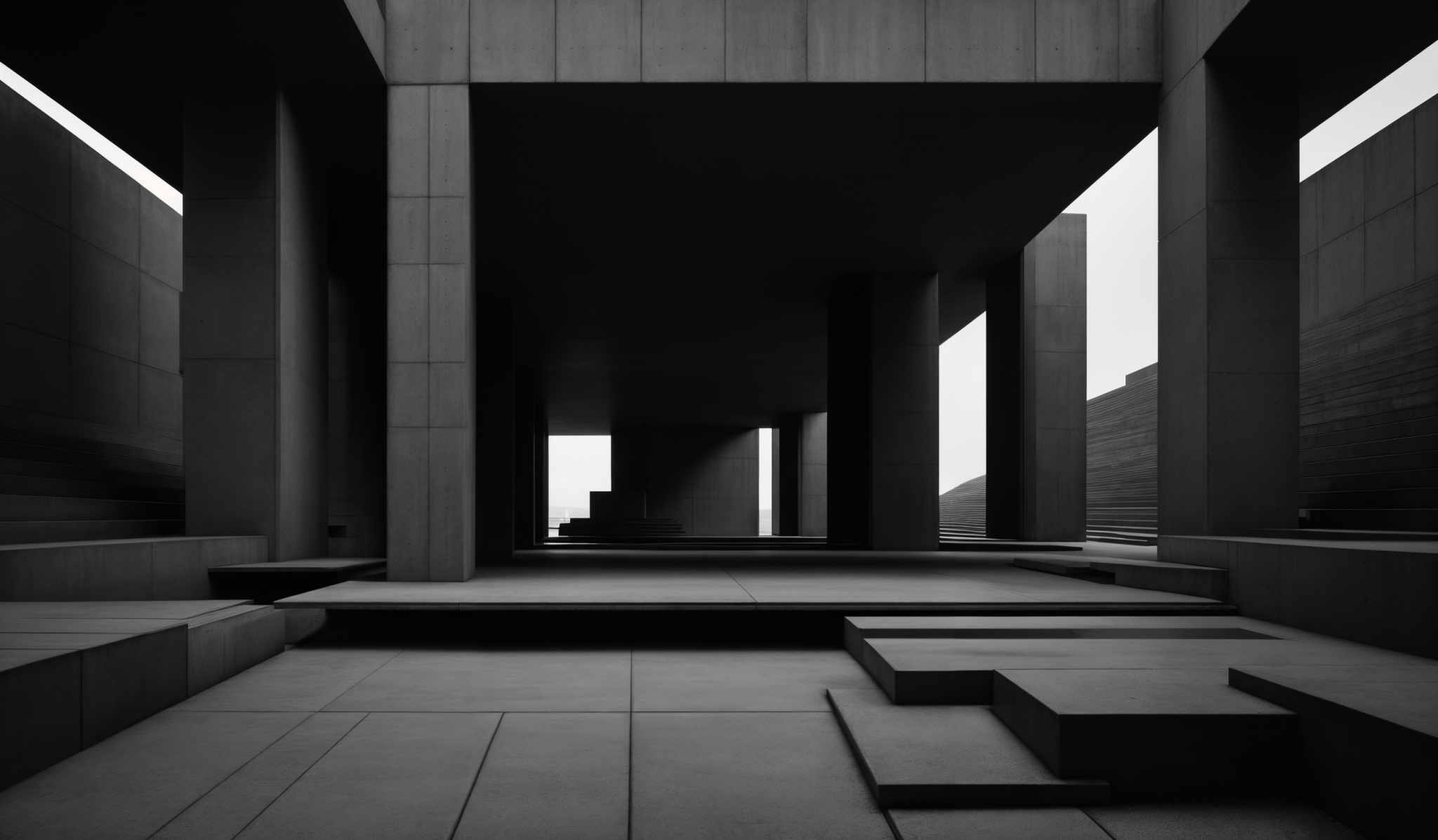 The image showcases a monochromatic, architectural setting. The predominant colors are shades of gray, creating a moody and atmospheric ambiance. The architecture features tall, rectangular columns and walls, with a series of platforms and steps. The design is minimalistic, emphasizing geometric shapes and lines. The perspective of the image allows viewers to see through the structure, revealing a corridor-like pathway that extends into the distance.