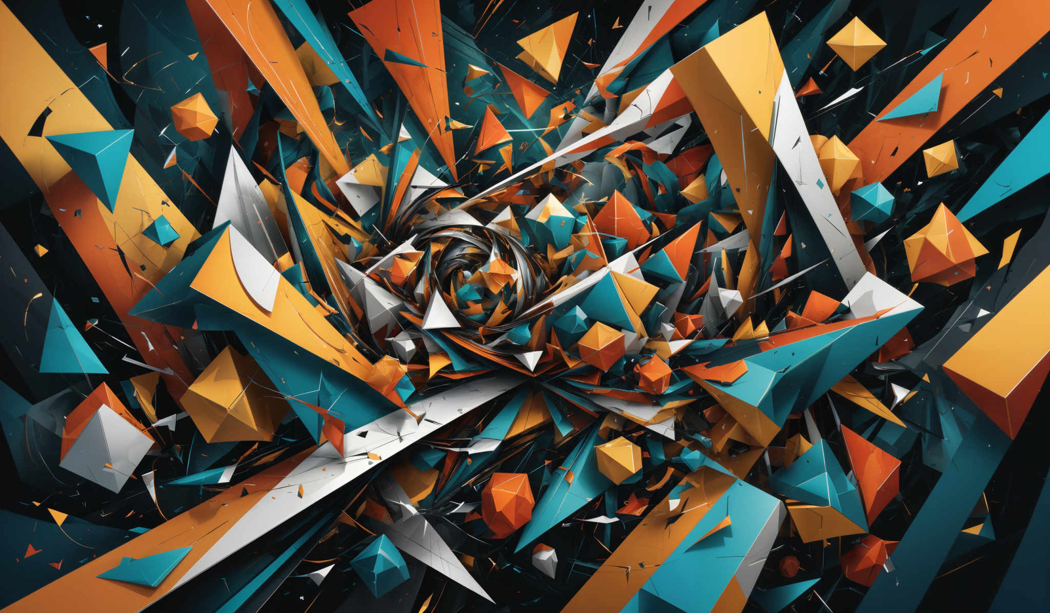 The image showcases a vibrant and dynamic 3D abstract design. It predominantly features sharp, geometric shapes like triangles and rectangles in a myriad of colors such as teal, orange, white, and black. The shapes are intertwined in a chaotic yet harmonious manner, creating an explosion of colors and forms. The central part of the image has a swirling pattern, suggesting movement or a vortex. The overall effect is both visually stunning and mentally stimulating.