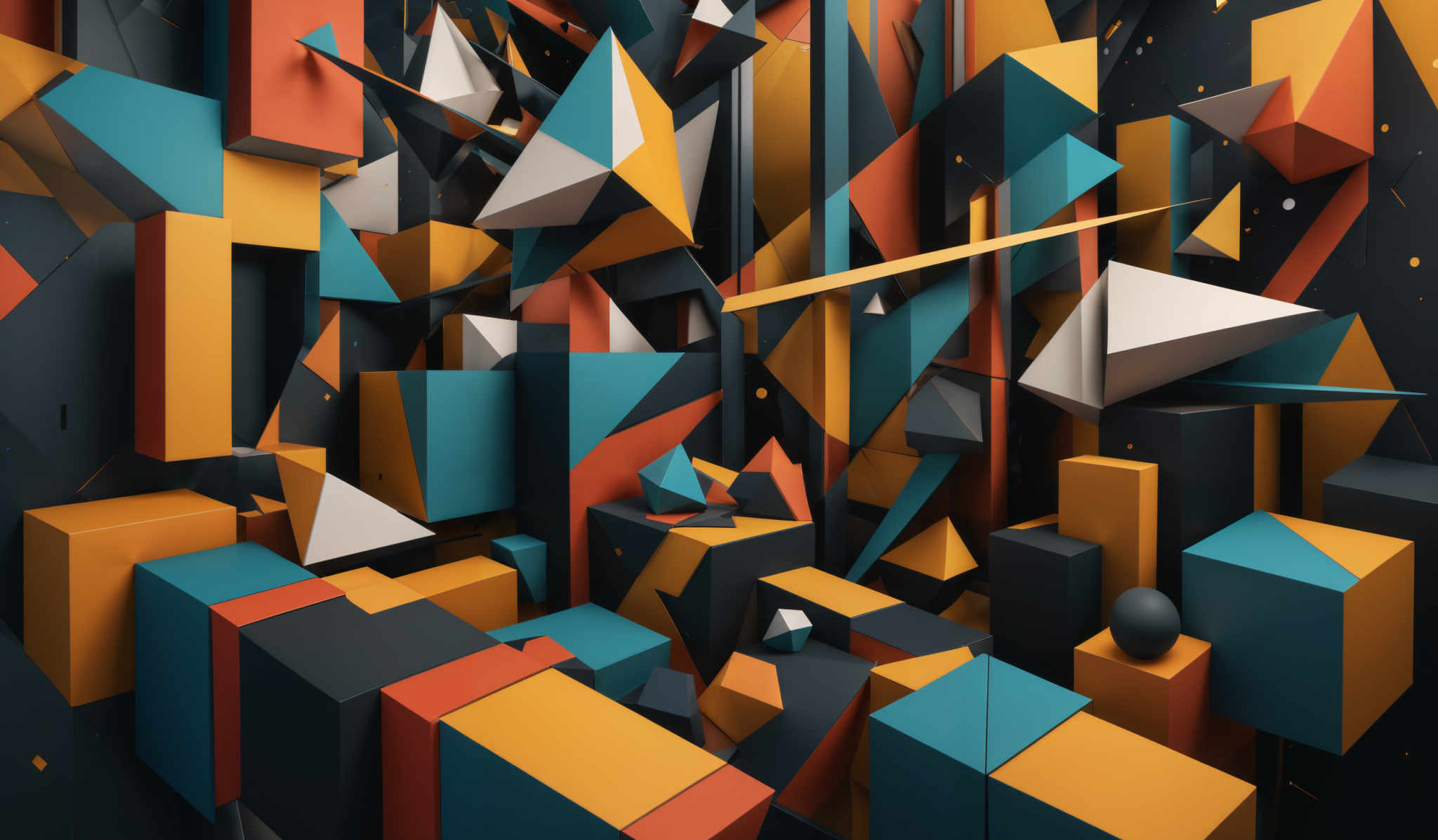 The image showcases a complex 3D geometric structure composed of various shapes like cubes, triangles, and rectangles. These shapes are rendered in vibrant colors such as blue, orange, white, and black. The arrangement of these shapes creates a chaotic yet visually appealing composition, reminiscent of a modern or abstract art piece.