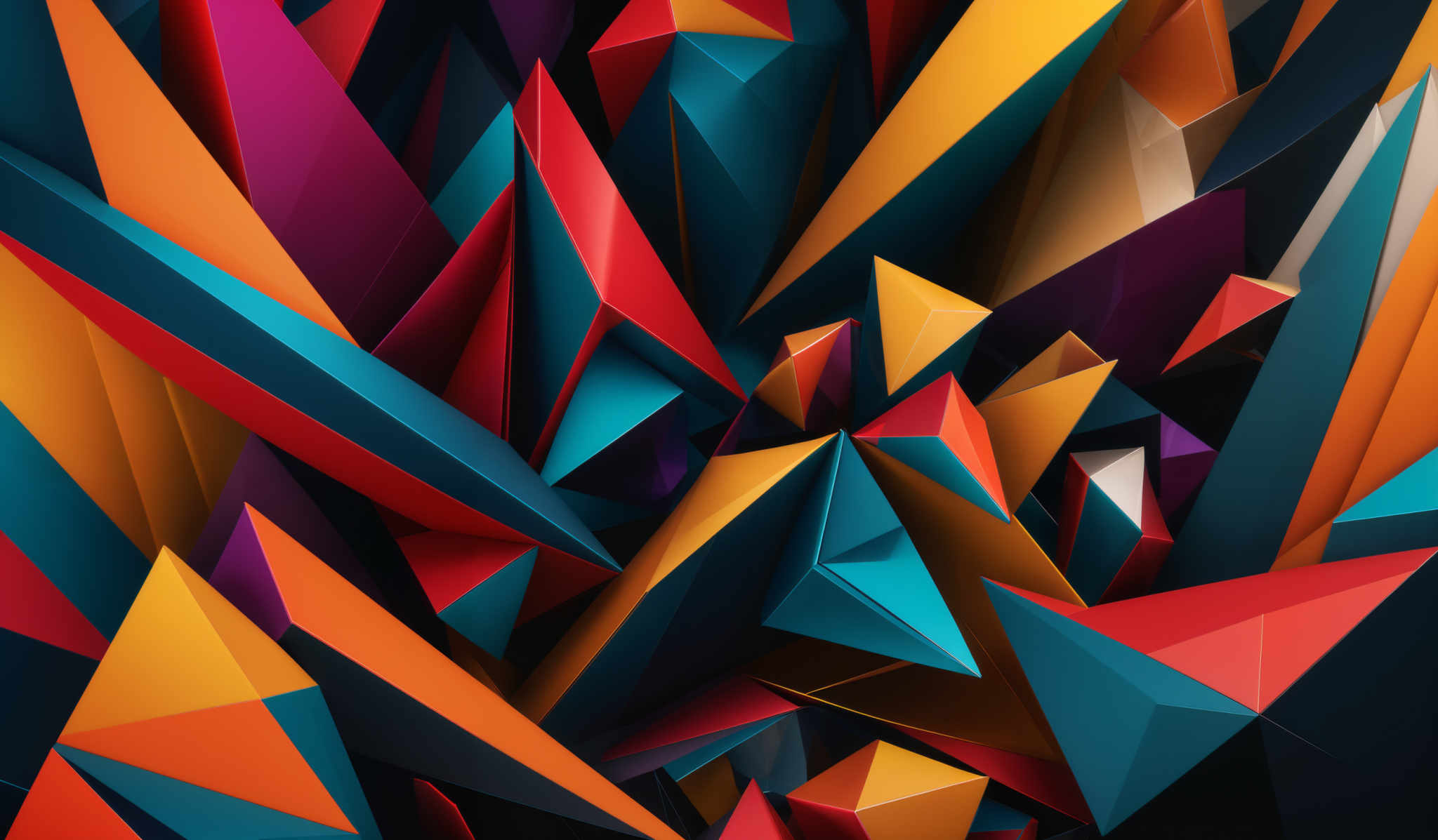 The image showcases a vibrant and dynamic composition of geometric shapes. The predominant shapes are sharp, angular triangles of varying sizes and orientations. These triangles are rendered in a myriad of colors, including shades of blue, red, yellow, and purple. The interplay of these colors creates a visually striking contrast, with each color complementing the others. The composition gives an impression of depth and dimension, as if the triangles were emerging from a 3D space.