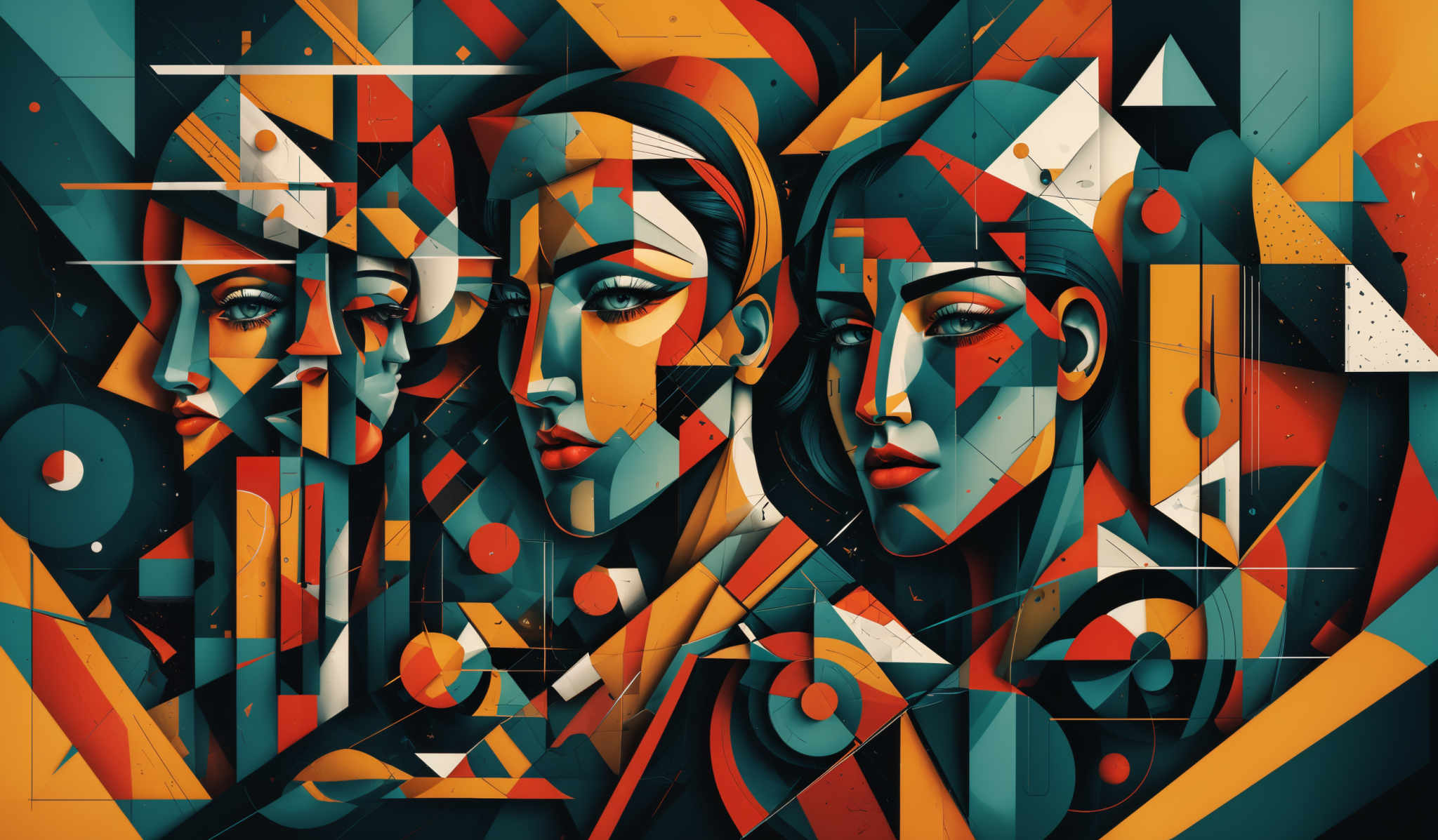 The image is a vibrant and abstract representation of three female faces. The faces are fragmented and intertwined with geometric shapes, lines, and triangles. The predominant colors are shades of blue, orange, and red. The shapes are intricate, with various geometric patterns and designs surrounding the faces. It gives an impression of a modern, cubist art style.