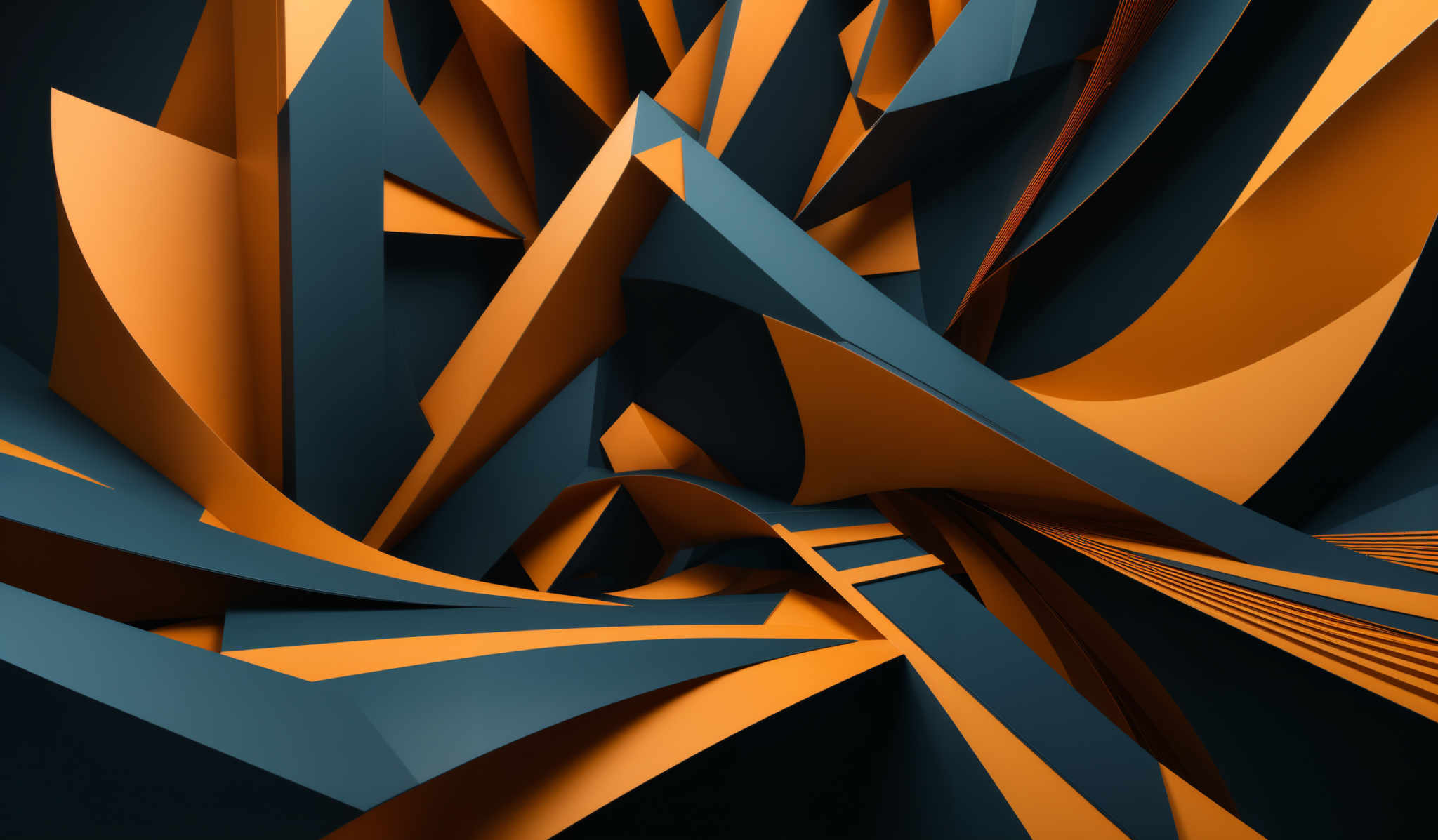 The image showcases a dynamic and abstract design with predominant colors of orange and dark blue. The shapes are intricate and appear to be intertwined and overlapping in a chaotic yet structured manner. The design gives an impression of a three-dimensional space with sharp edges and curves, creating a sense of depth and movement.