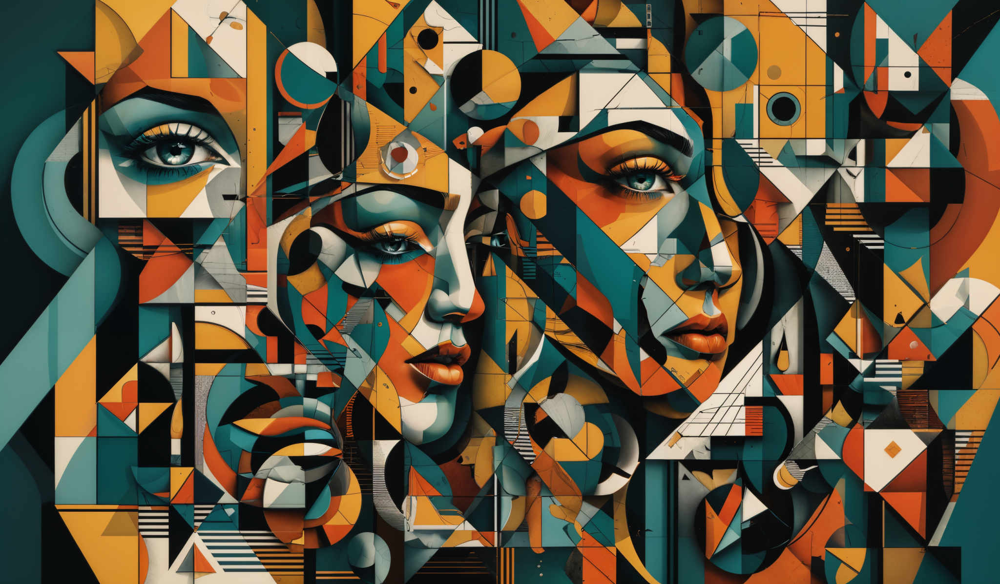 The image is a vibrant and abstract artwork. It predominantly features geometric shapes like triangles, rectangles, and circles. The color palette is a mix of teal, orange, white, and black. The artwork is fragmented into multiple sections, each with its unique color and design. There are also faces depicted in the artwork, with intricate details like eyes, lips, and facial features. The overall impression is of a complex mosaic of shapes and faces, intertwined and overlapping in various patterns.