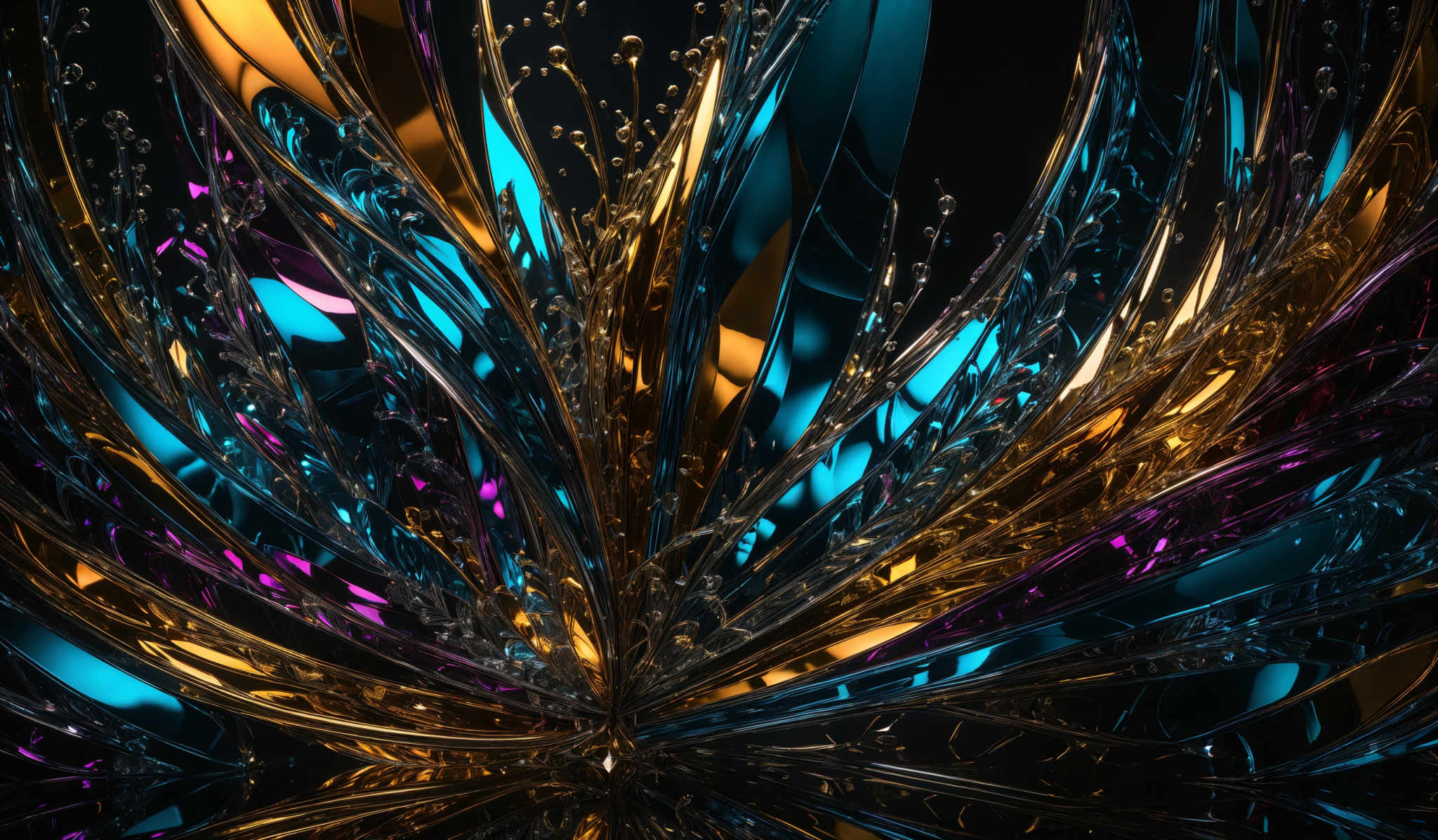 The image showcases a vibrant and intricate design with a mix of colors. The dominant colors are shades of blue, gold, and purple. The shapes are reminiscent of abstract flames or petals, with elongated and curved structures radiating outwards. The design appears to be made of a reflective material, as it captures and reflects the surrounding light, creating a shimmering effect.