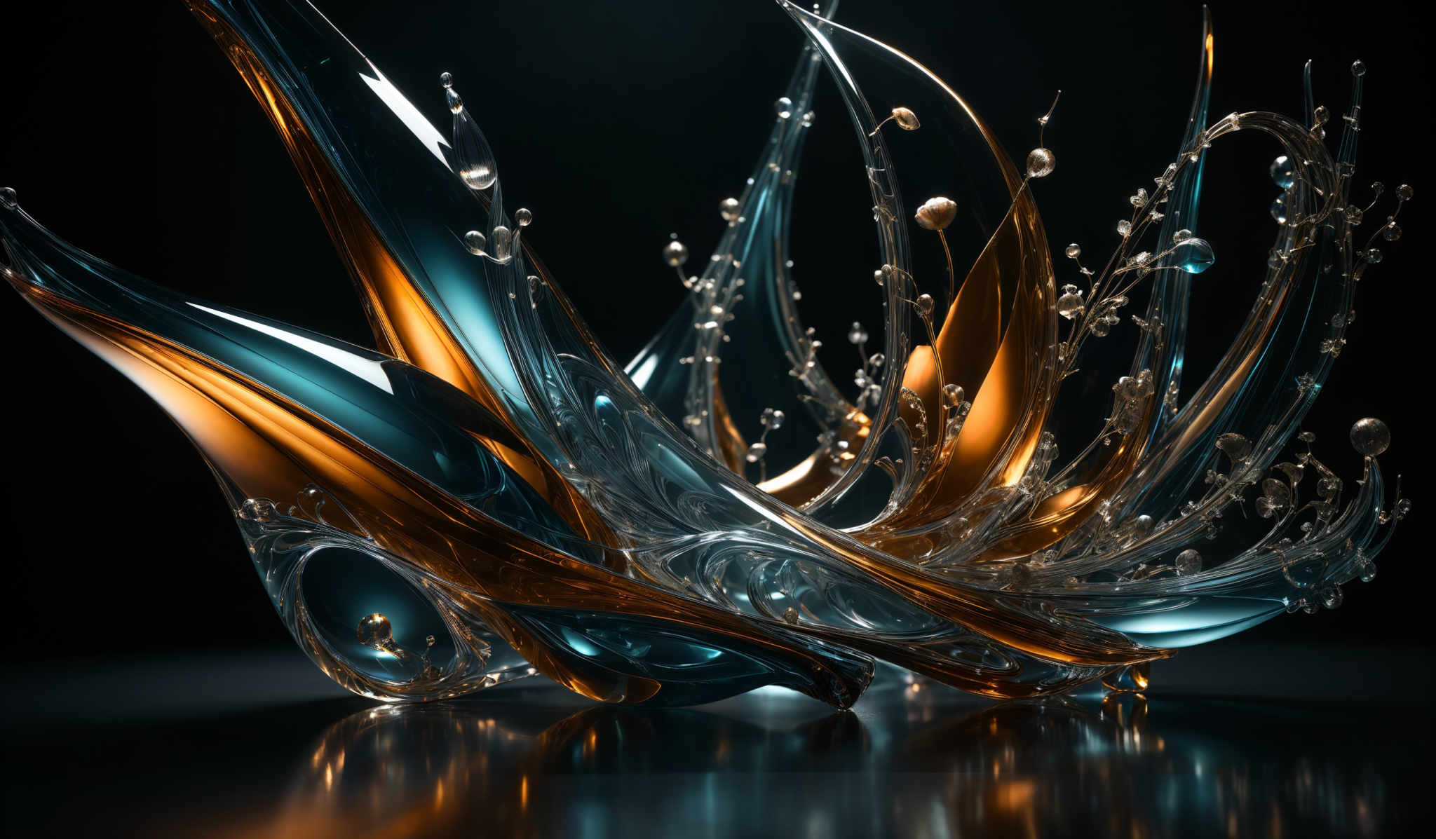 The image showcases a visually captivating abstract sculpture. It features elongated, curved structures in a fluid motion, reminiscent of glass or liquid. The predominant colors are shades of blue and gold, with hints of clear and translucent materials. The sculpture is intricately detailed, with droplets and bubbles adorning its surface, giving it a dynamic and organic appearance.