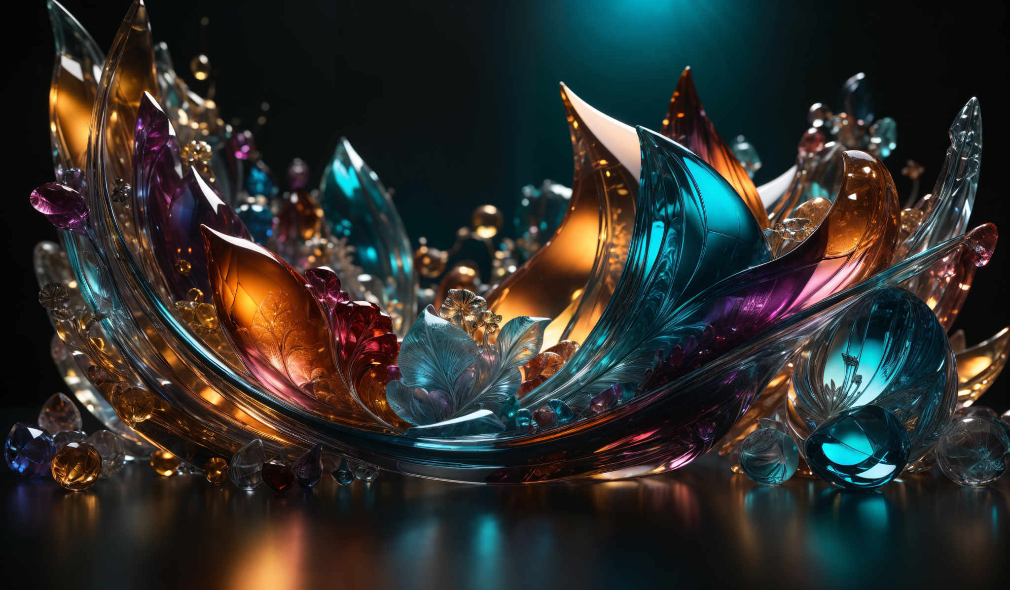 The image showcases a vibrant and intricate arrangement of glass or crystal-like structures. These structures have a fluid, wavy shape, reminiscent of petals or leaves. They come in a plethora of colors including gold, blue, purple, and amber. The glass orbs and droplets are scattered throughout, reflecting light in various hues. The background is dark, which accentuates the luminosity and vividness of the structures.