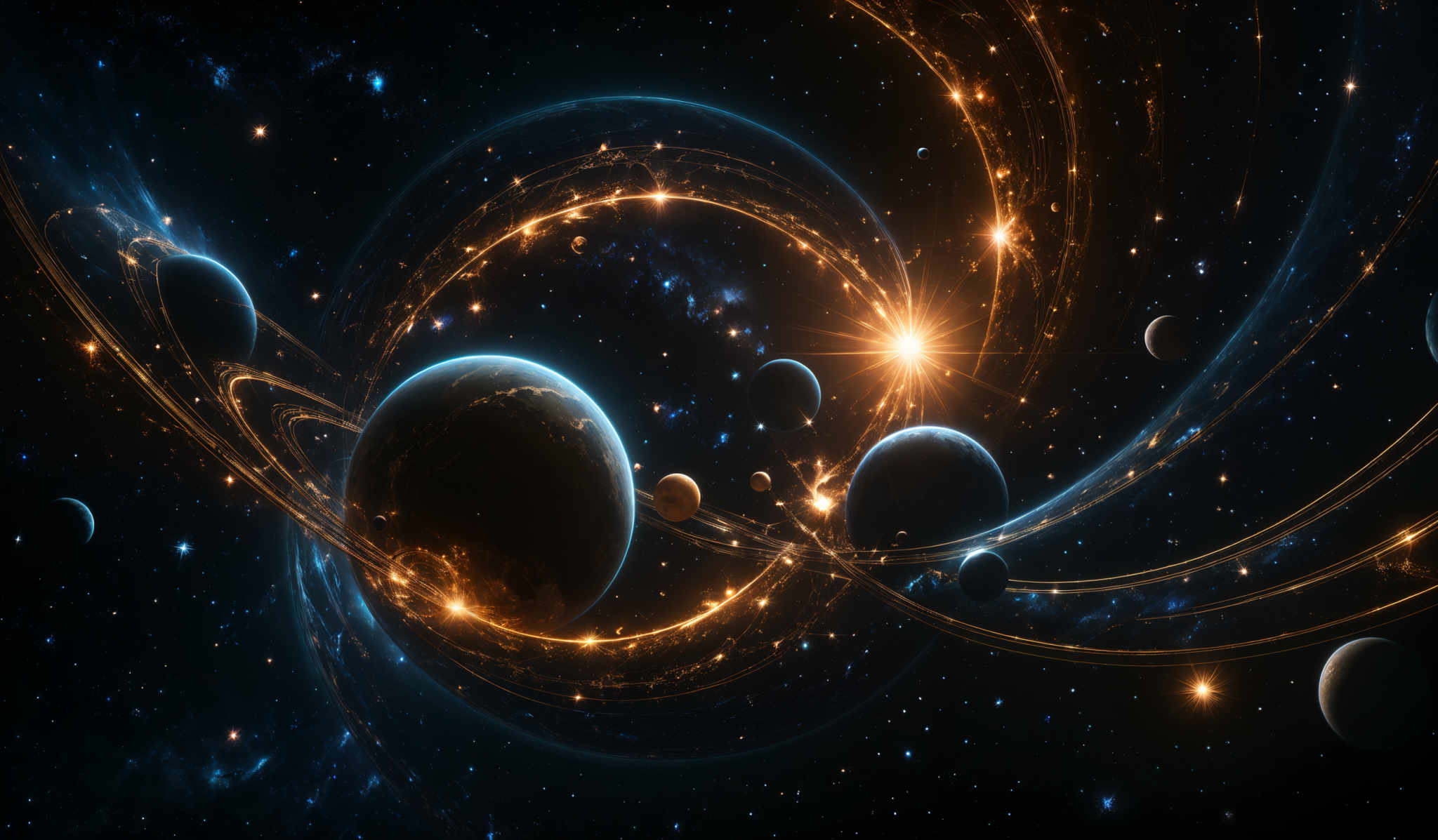 The image showcases a vibrant and mesmerizing cosmic scene. Dominating the background is a deep blue expanse of space, dotted with numerous bright stars. At the center, there are several celestial bodies, possibly planets, with varying sizes and orbits. These bodies are surrounded by swirling patterns of golden and blue energy, giving the impression of dynamic forces at play. The energy trails seem to intertwine and converge, creating a sense of movement and interconnectedness.