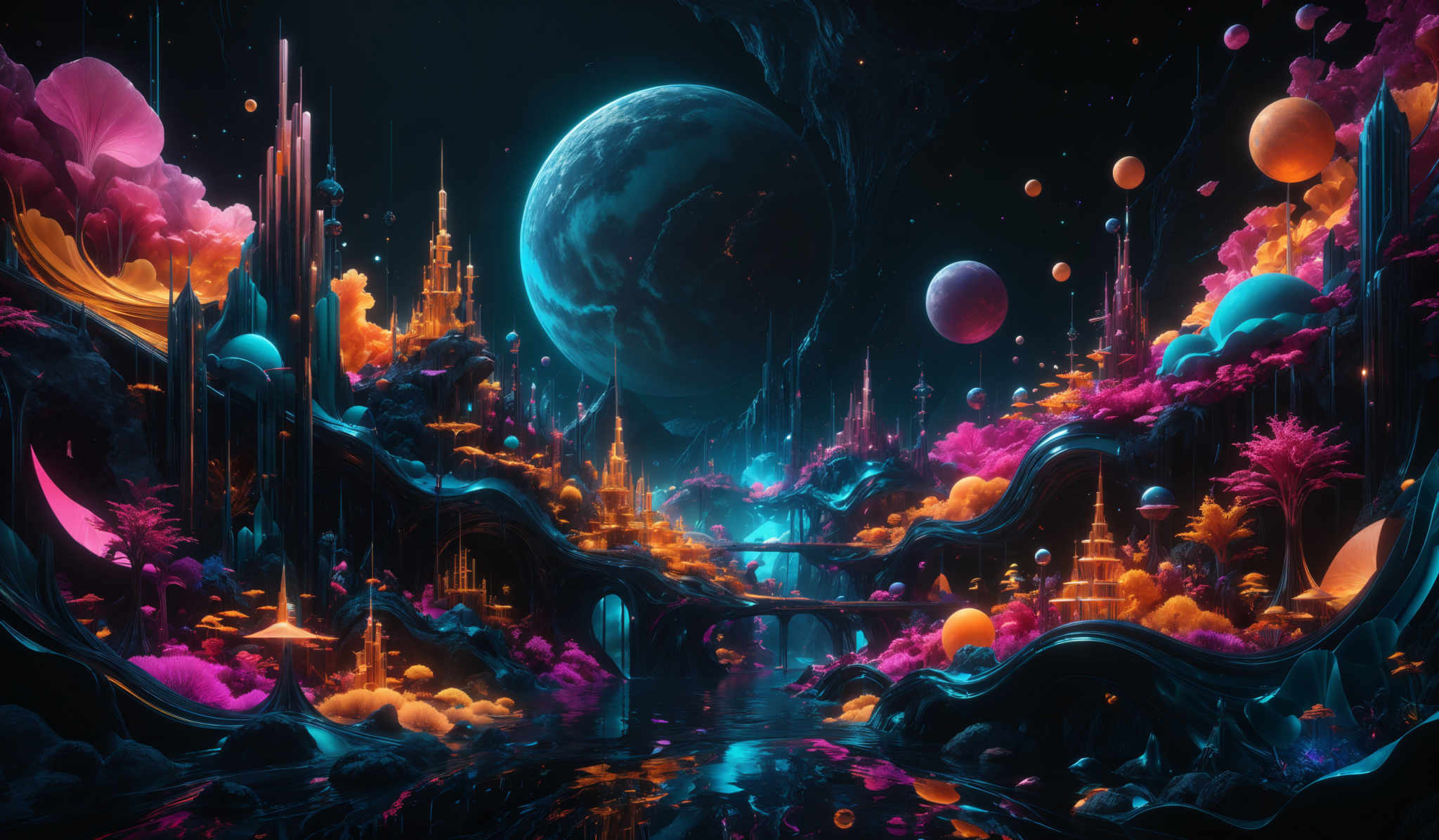 The image showcases a vibrant and fantastical landscape. Dominated by deep blues and neon pinks, the scene is set against a backdrop of a large planet or moon. The foreground features a series of towering spires and structures, reminiscent of futuristic or alien architecture. These structures are surrounded by a variety of flora, including trees and floating islands, all illuminated in a mix of warm and cool colors. The water below reflects the structures and the celestial body, adding depth to the scene. The overall ambiance is one of wonder and otherworldliness.