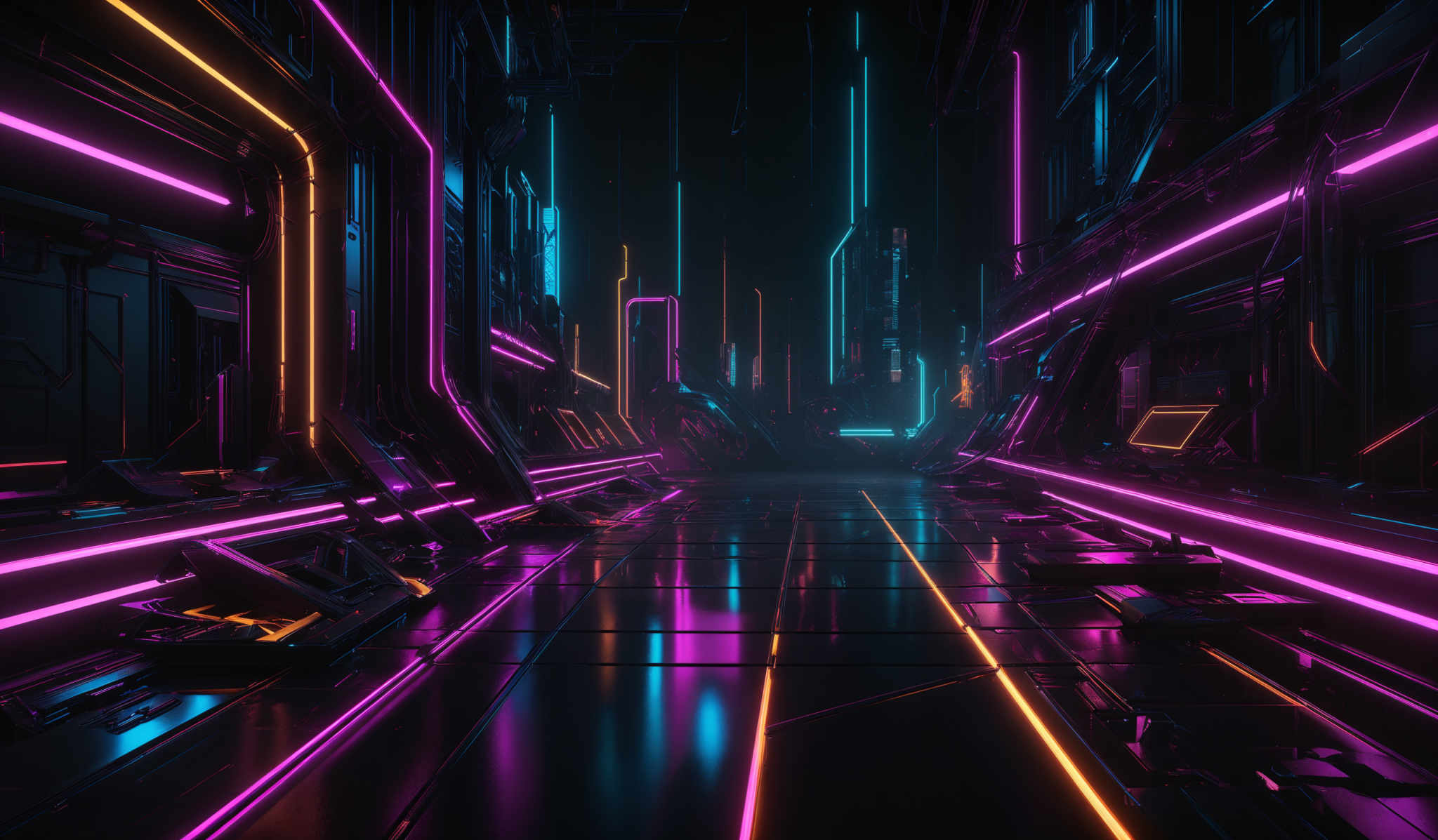 The image showcases a futuristic, urban environment with neon lights. The dominant colors are shades of purple, pink, and blue. The architecture appears to be a mix of metallic structures and platforms, with intricate designs and patterns. The ground is reflective, possibly made of a polished surface, and is adorned with vibrant neon lines that guide the viewer's eyes through the scene. There are also some objects, possibly machinery or equipment, scattered throughout the environment.