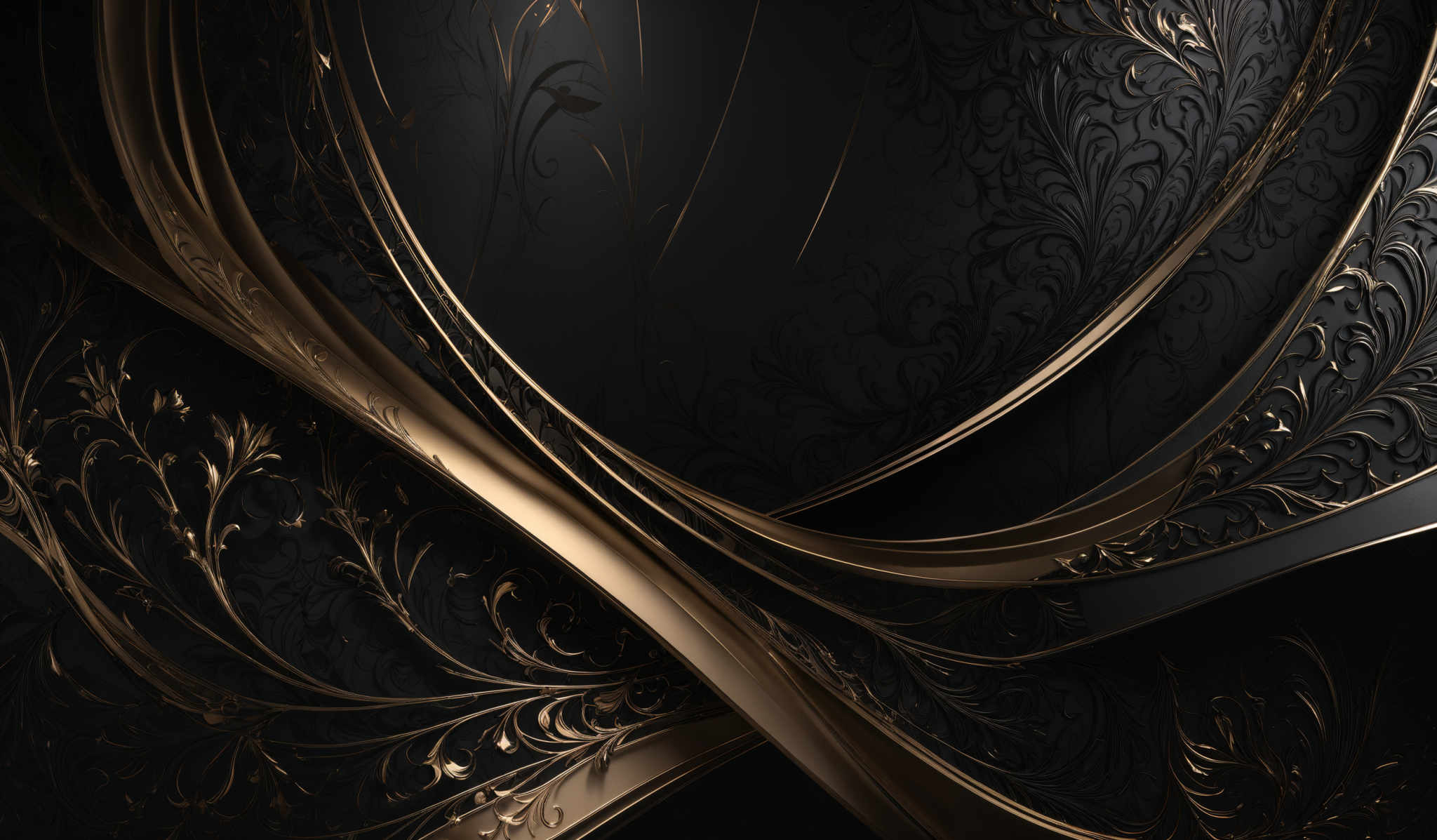 The image showcases a rich, dark background with intricate gold patterns. The gold patterns are ornate and resemble floral and swirling designs. The overall color palette is dominated by deep blacks and golds, creating a luxurious and opulent feel.