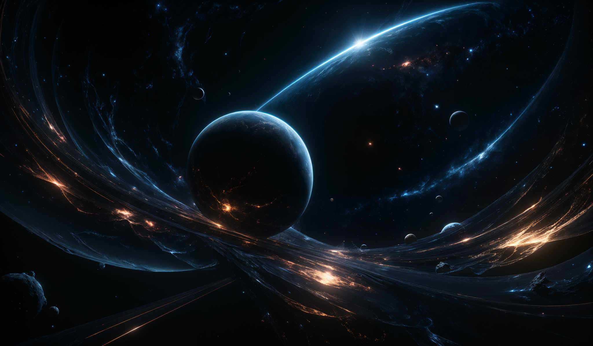 The image showcases a vast expanse of space with a deep blue hue dominating the backdrop. There are multiple celestial bodies, including planets and moons, scattered throughout. A prominent arc of light, possibly a part of a galaxy or a nebula, stretches across the image, emitting a brilliant blue glow. The swirling patterns and formations in the space give a sense of movement and dynamism. The overall composition is both mesmerizing and awe-inspiring, capturing the vastness and beauty of the universe.