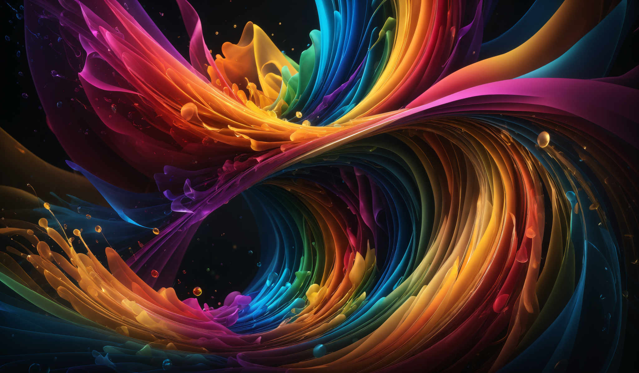 The image showcases a vibrant and dynamic abstract design. It features a swirling pattern of colorful streaks and waves, predominantly in hues of red, blue, yellow, and purple. The shapes resemble fluid or liquid splashes, giving the impression of movement and energy. The background is dark, which accentuates the brightness and vibrancy of the colors.