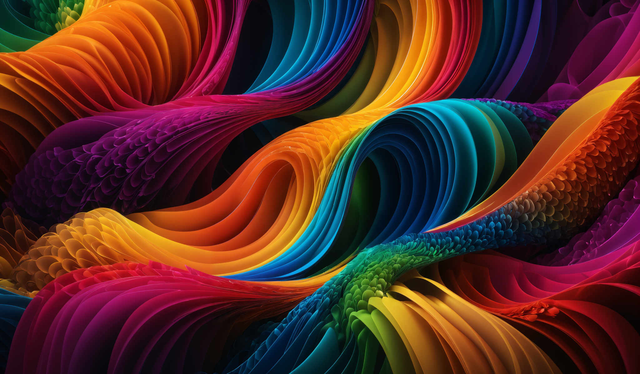 The image showcases a vibrant and intricate design with a plethora of colors. The primary shapes are wavy and curvilinear, resembling flowing fabric or waves. The colors range from deep blues and purples to bright yellows, oranges, and reds. The design appears to be a digital artwork, possibly representing a fluid or abstract representation of color and form.