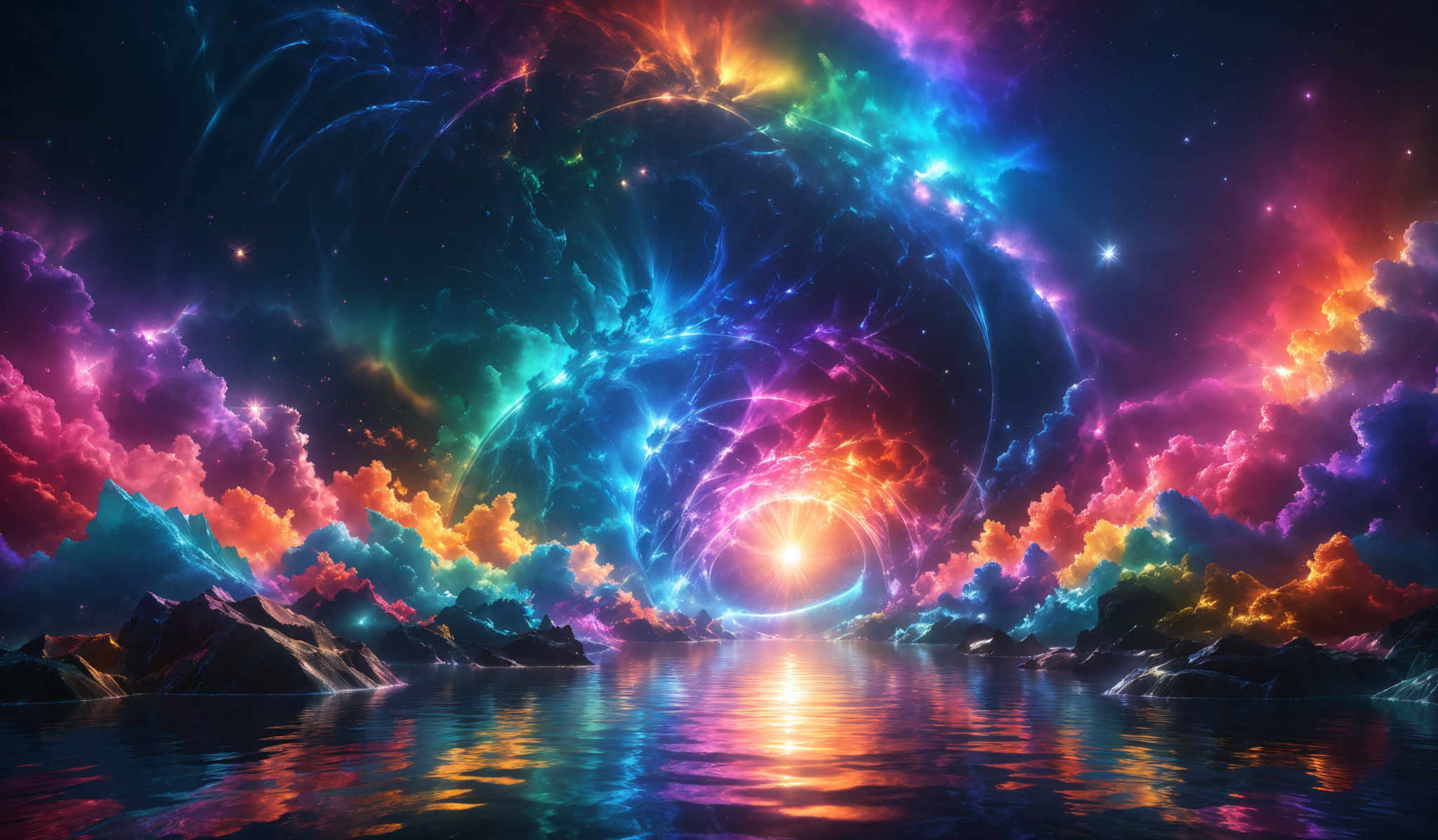 The image showcases a vibrant and mesmerizing cosmic scene. It features a myriad of colors ranging from deep blues and purples to fiery reds, oranges, and yellows. The colors seem to emanate from nebulous formations that resemble clouds or gas in space. These formations are intricately intertwined, creating a dynamic and swirling pattern. The center of the image has a bright, radiant light source, possibly a star or a sun, which casts a reflection on the water below. The water surface mirrors the colors and patterns of the sky, adding depth and symmetry to the composition.