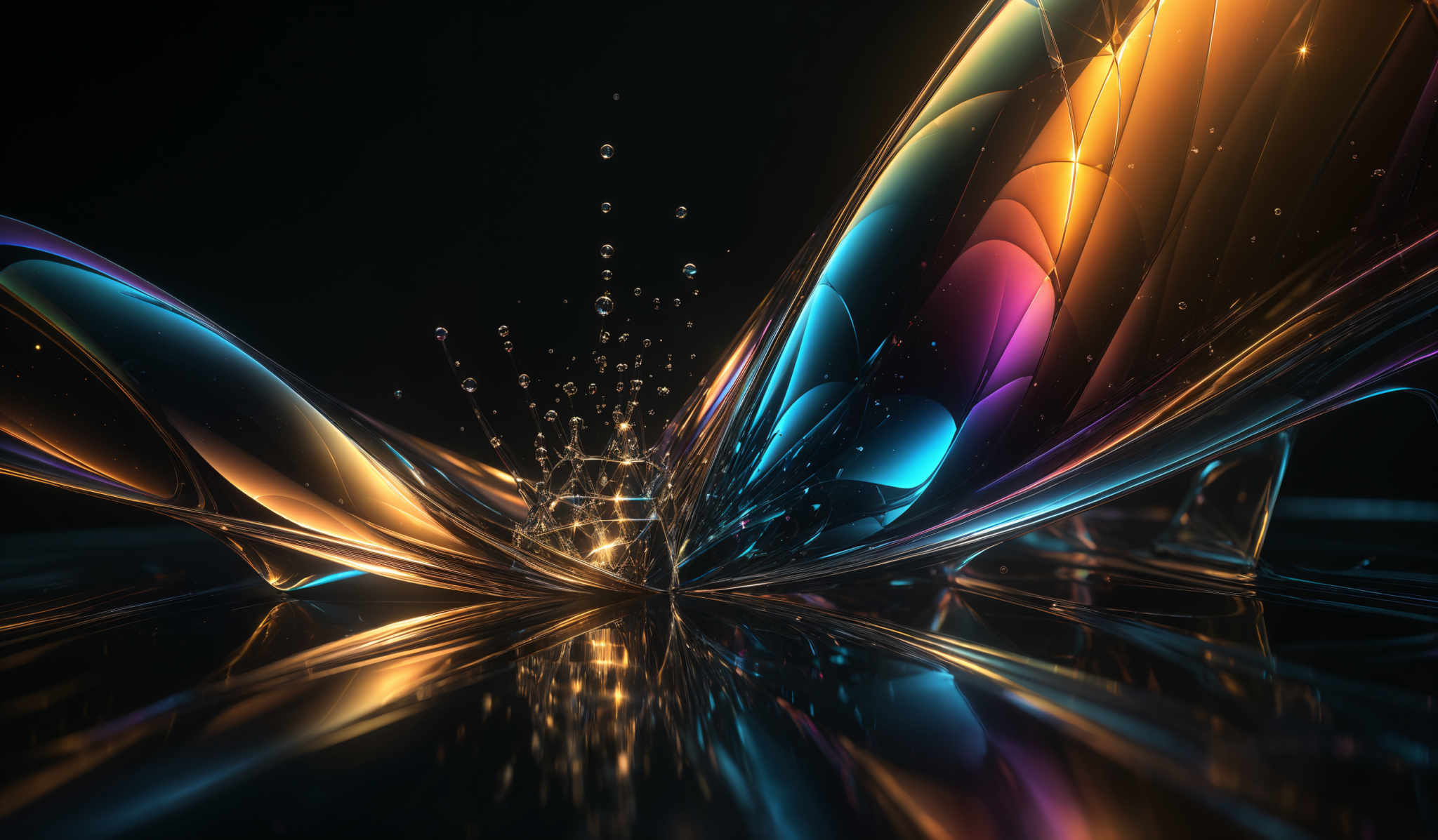 The image showcases a vibrant and dynamic abstract design. It features a fluid-like structure with a mix of colors, including hues of blue, purple, orange, and gold. The shape resembles a wave or a splash, with droplets emanating from its center. The design is set against a dark background, which accentuates the luminosity and movement of the colors and shapes.