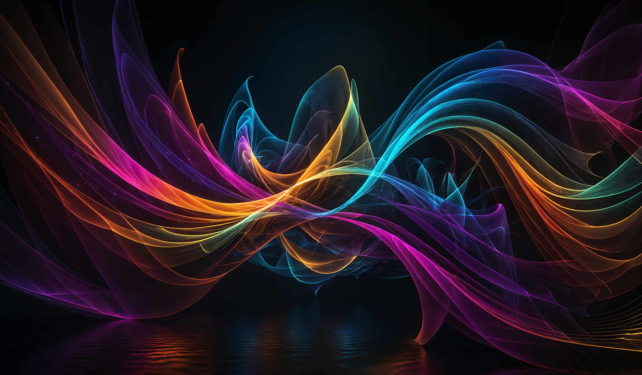 The image showcases a vibrant and dynamic interplay of colors. It features swirling patterns of neon-like hues, including shades of blue, pink, orange, and yellow. These colors intertwine and overlap in a fluid manner, creating an almost ethereal and mesmerizing visual effect. The shapes are fluid and wavy, reminiscent of swirled smoke or liquid in motion. The background is dark, which accentuates the brightness and vibrancy of the colors, giving the image a sense of depth and dimension.