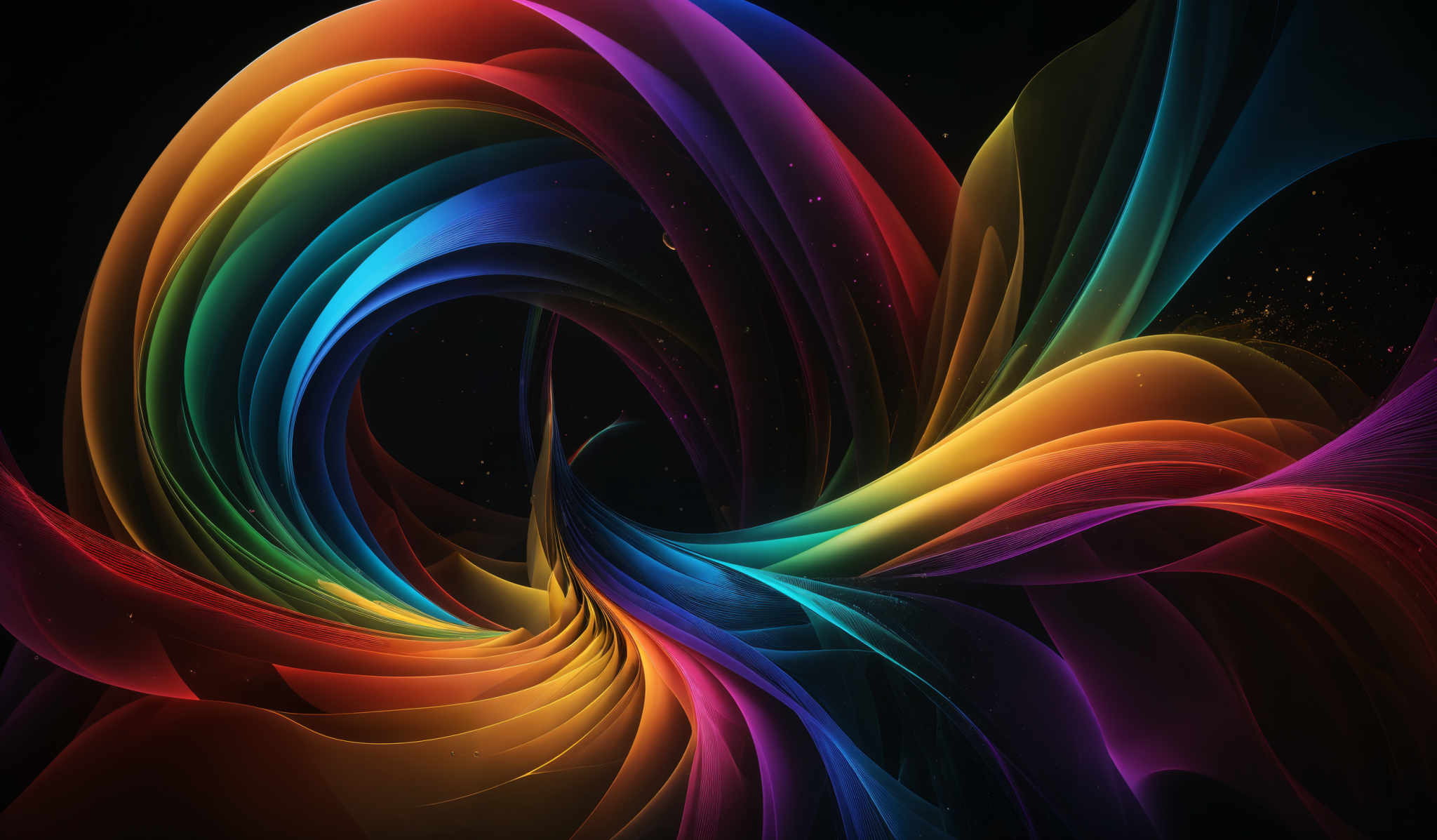 The image showcases a vibrant and dynamic abstract design. It features swirling patterns of multicolored ribbons or waves that spiral and intertwine. The colors range from deep blues and purples to bright yellows, oranges, and reds. The shapes are fluid and organic, giving the impression of movement and energy. The background is dark, which accentuates the colors and makes them pop.