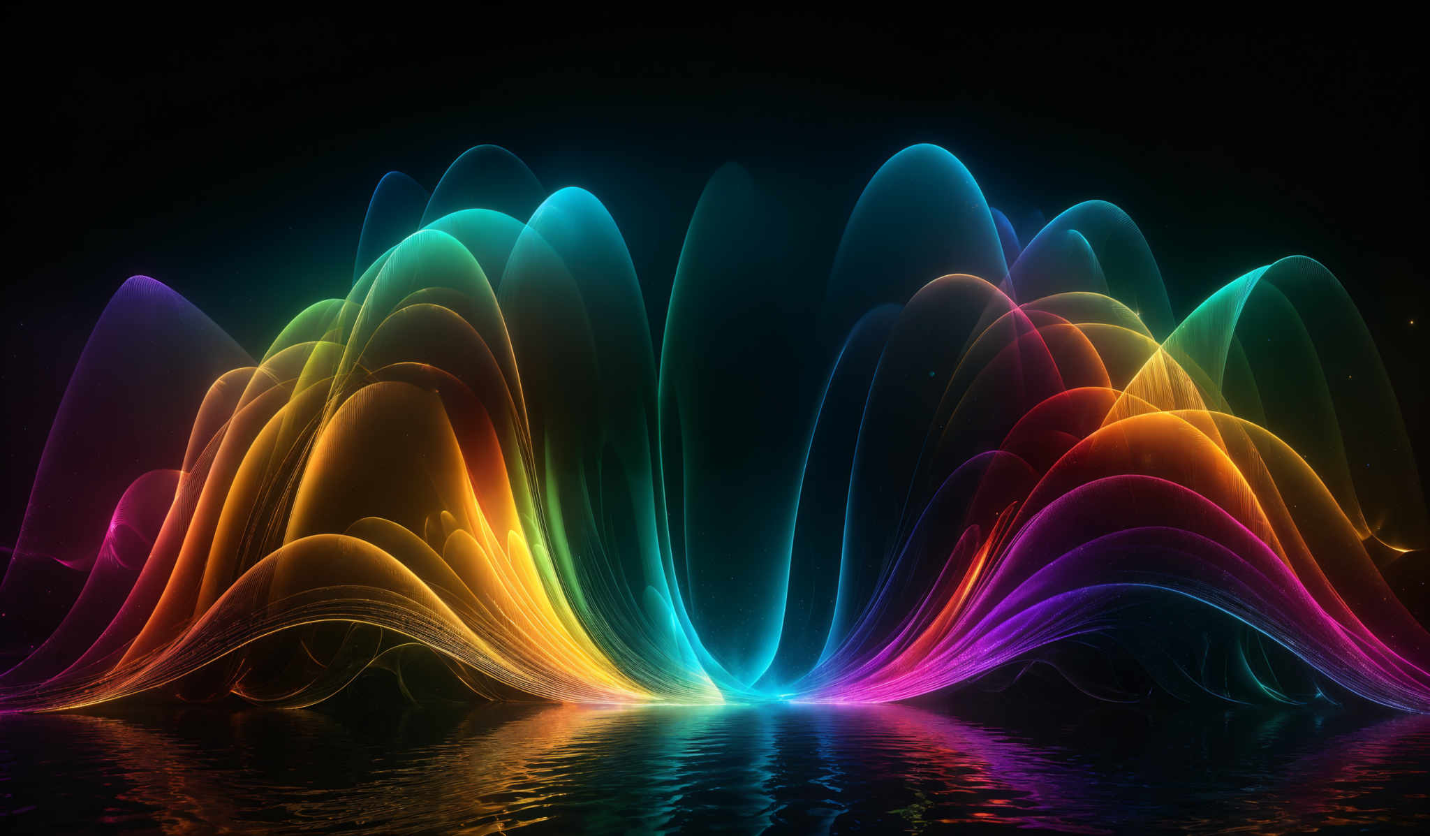 The image showcases vibrant and colorful wave-like patterns that seem to be emanating from a central point. These waves are multi-colored, with hues ranging from deep blues and purples to bright yellows, oranges, and reds. The shapes resemble fluid dynamics, with each wave having a unique curvature and flow. The entire scene is set against a dark background, which accentuates the luminosity and vibrancy of the colors.